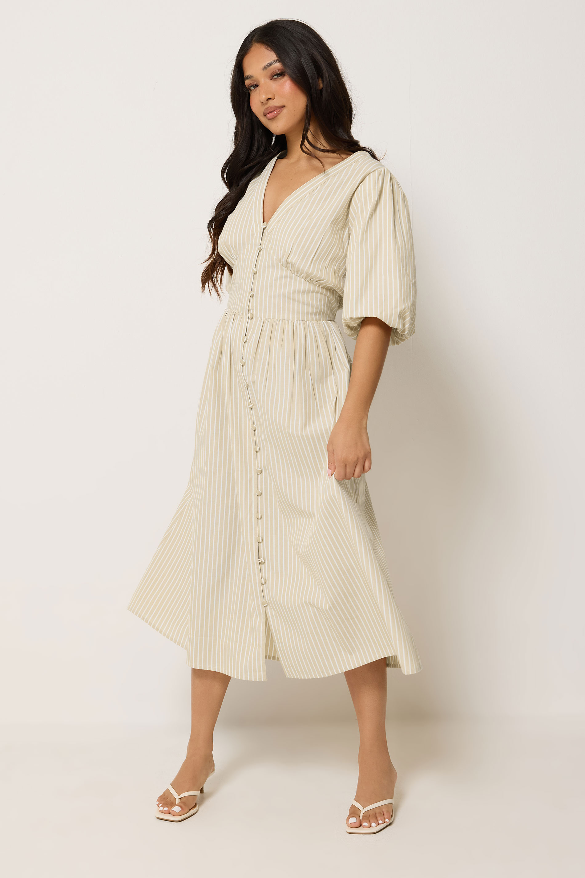 PixieGirl Petite Women's Natural Brown Striped Tea Maxi Dress | PixieGirl 1