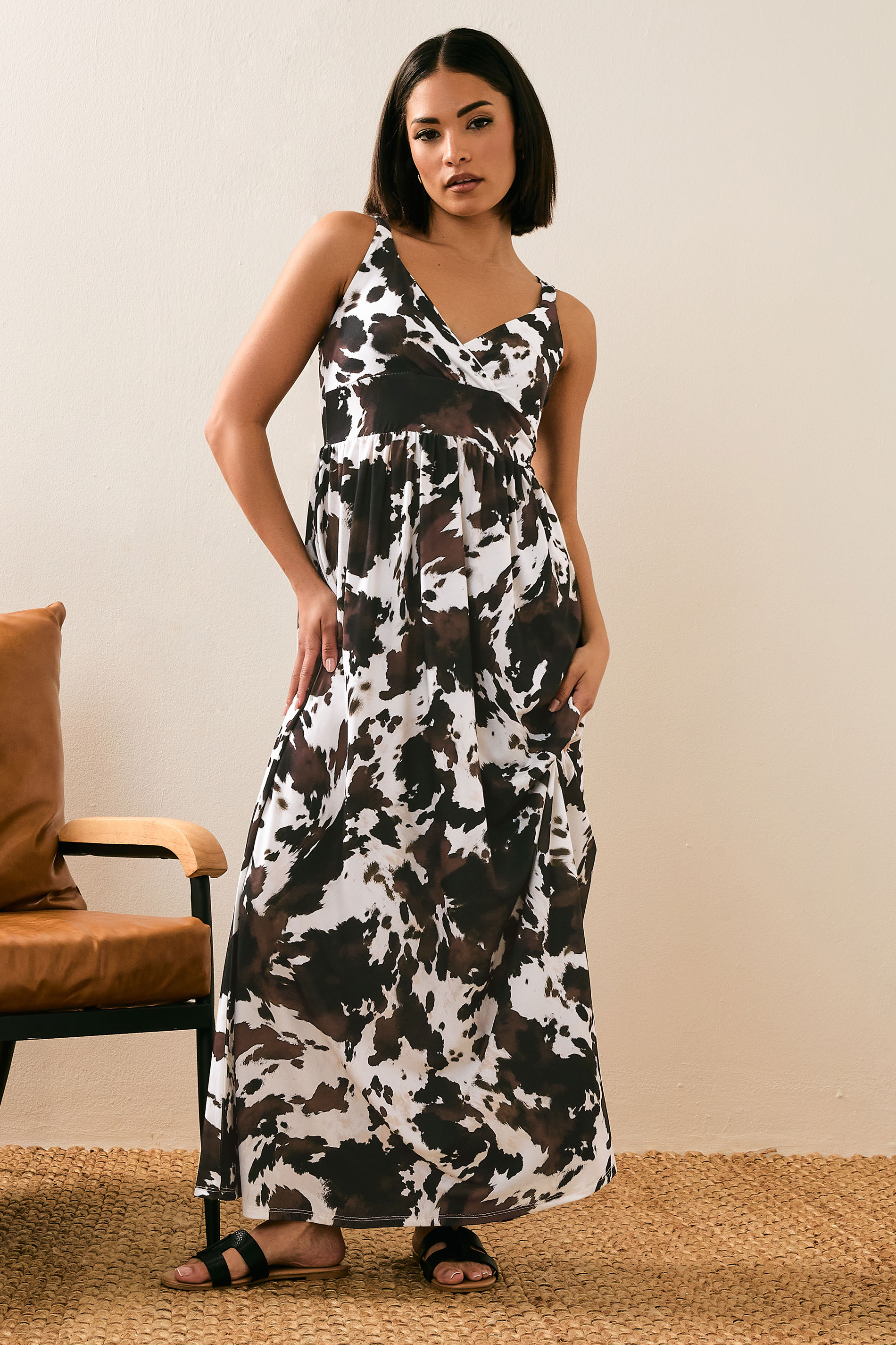 PixieGirl Petite Women's Brown Cow Print Wrap Maxi Dress | PixieGirl 1