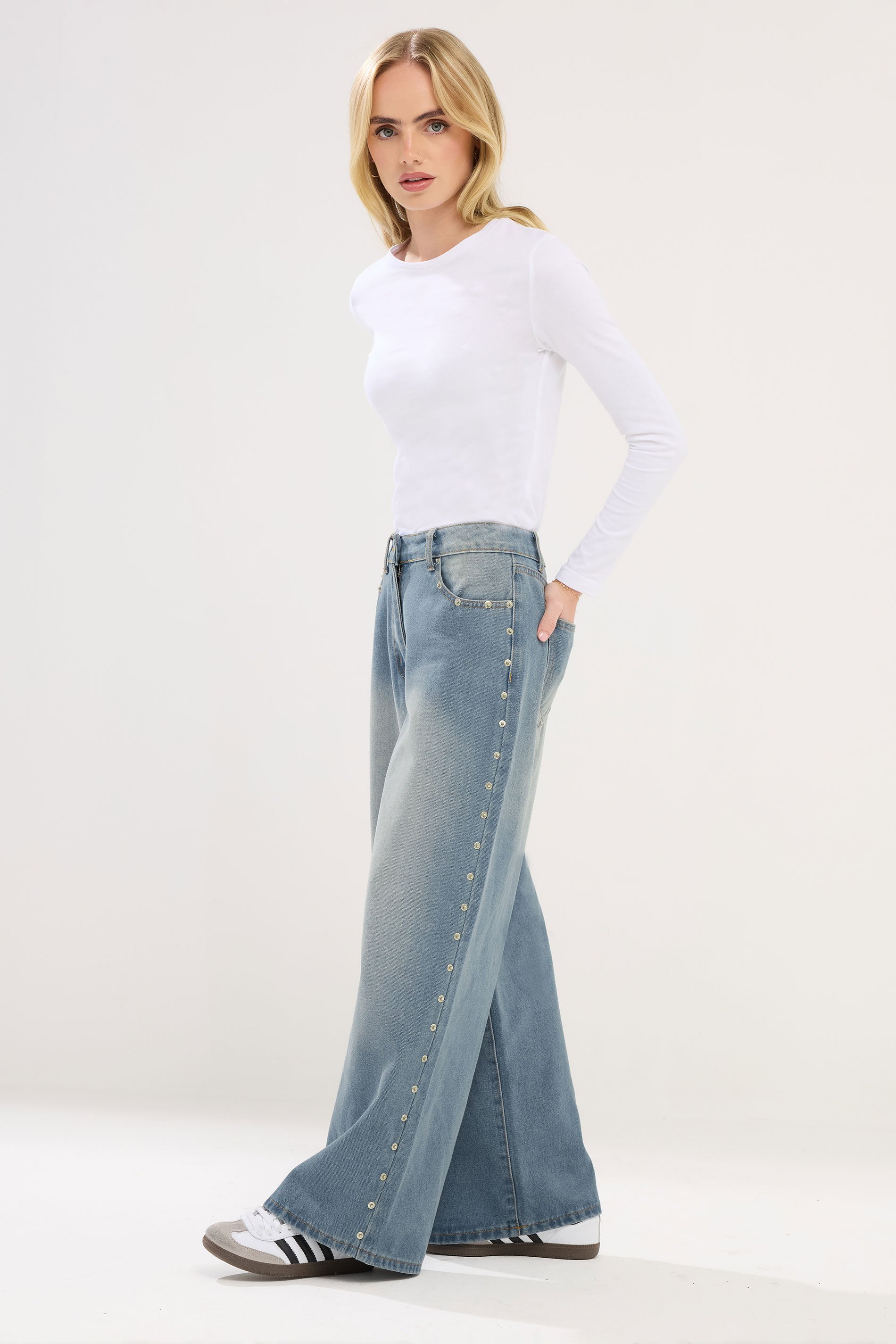 PixieGirl Petite Blue Rivet Non-Stretch Wide Leg Jeans | PixieGirl 1