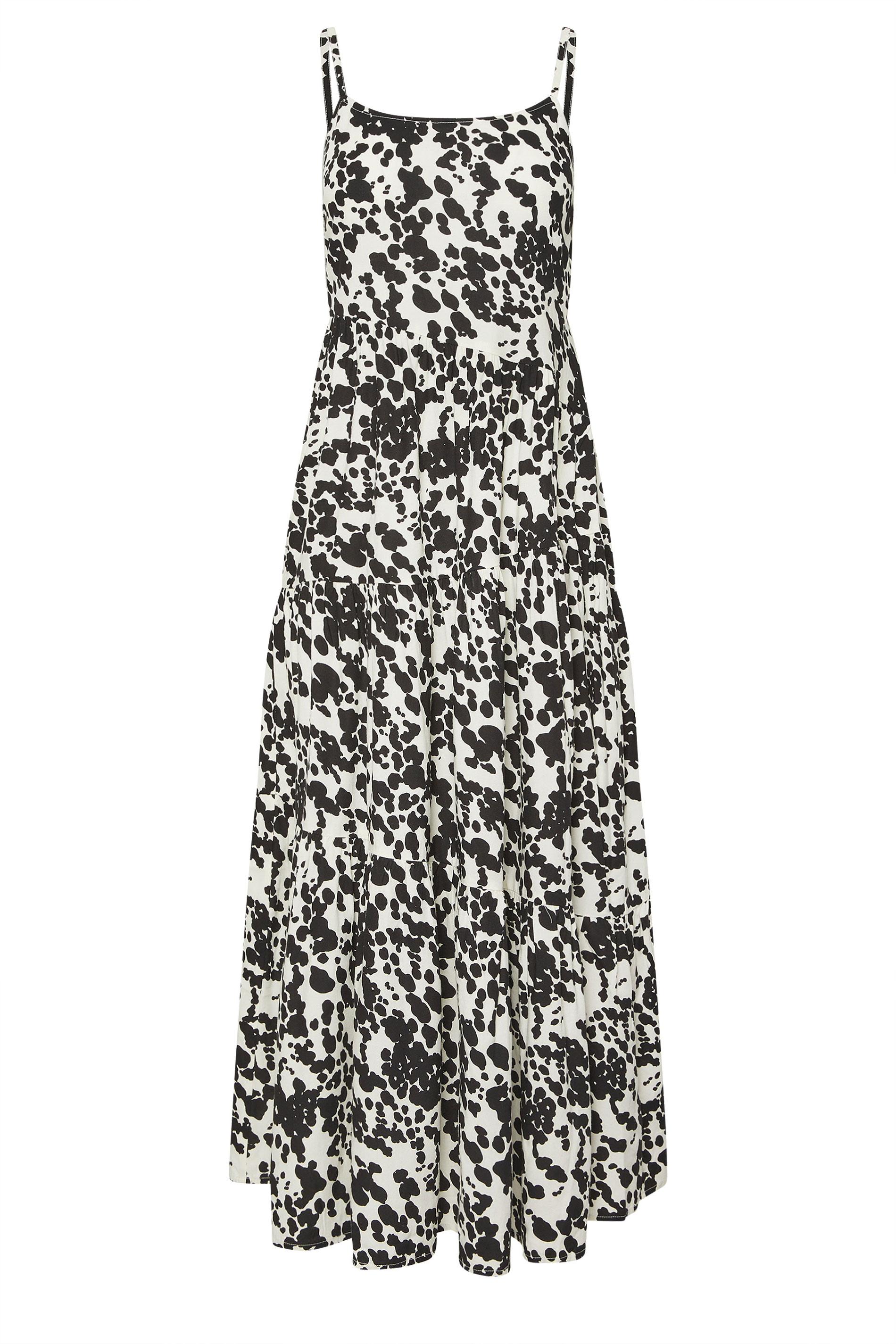 PixieGirl Petite Women's Black & White Cow Print Asymmetric Tiered Dress | PixieGirl 8