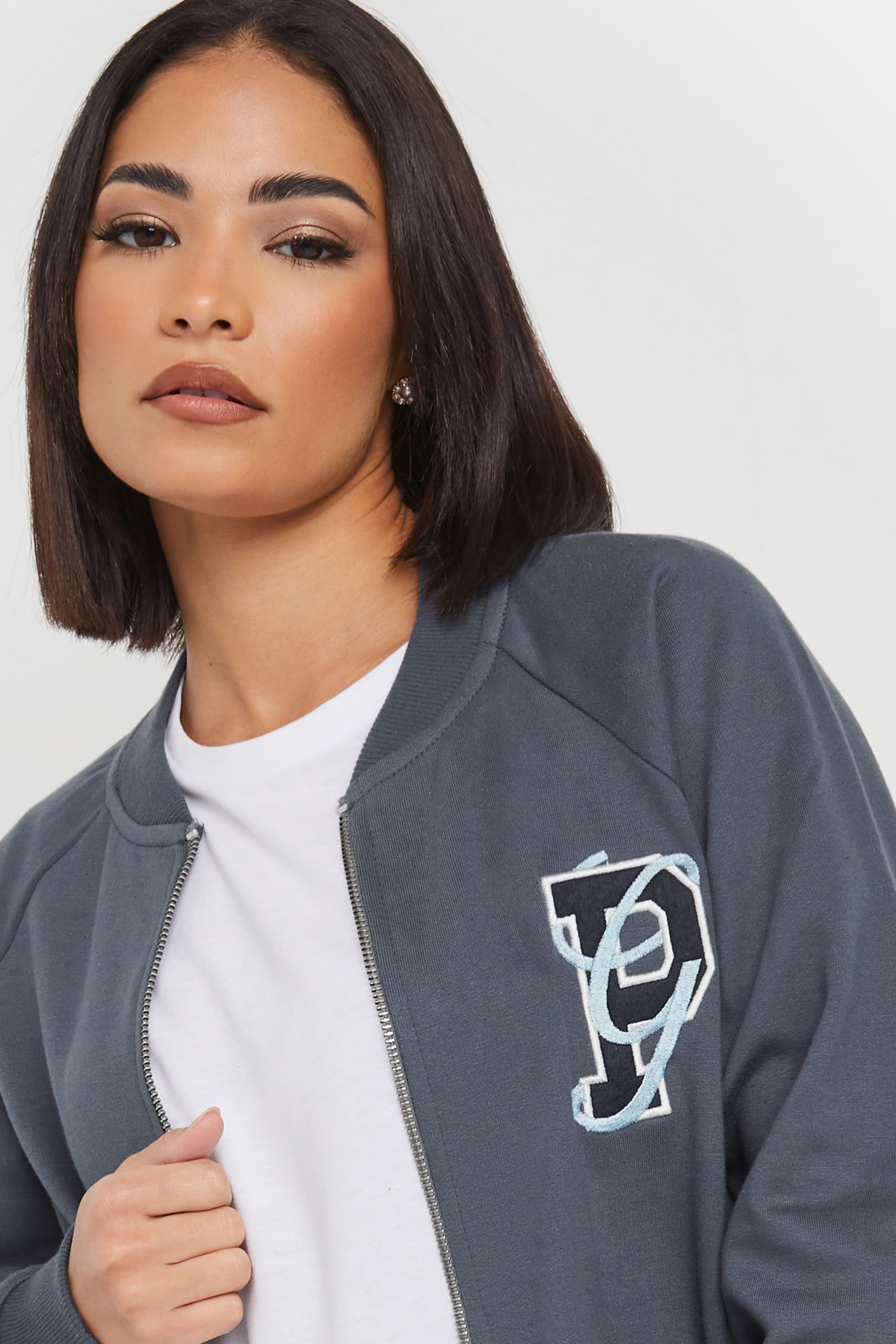 PixieGirl Petite Women's Blue Embroidered Initial Jersey Bomber Jacket | PixieGirl 5