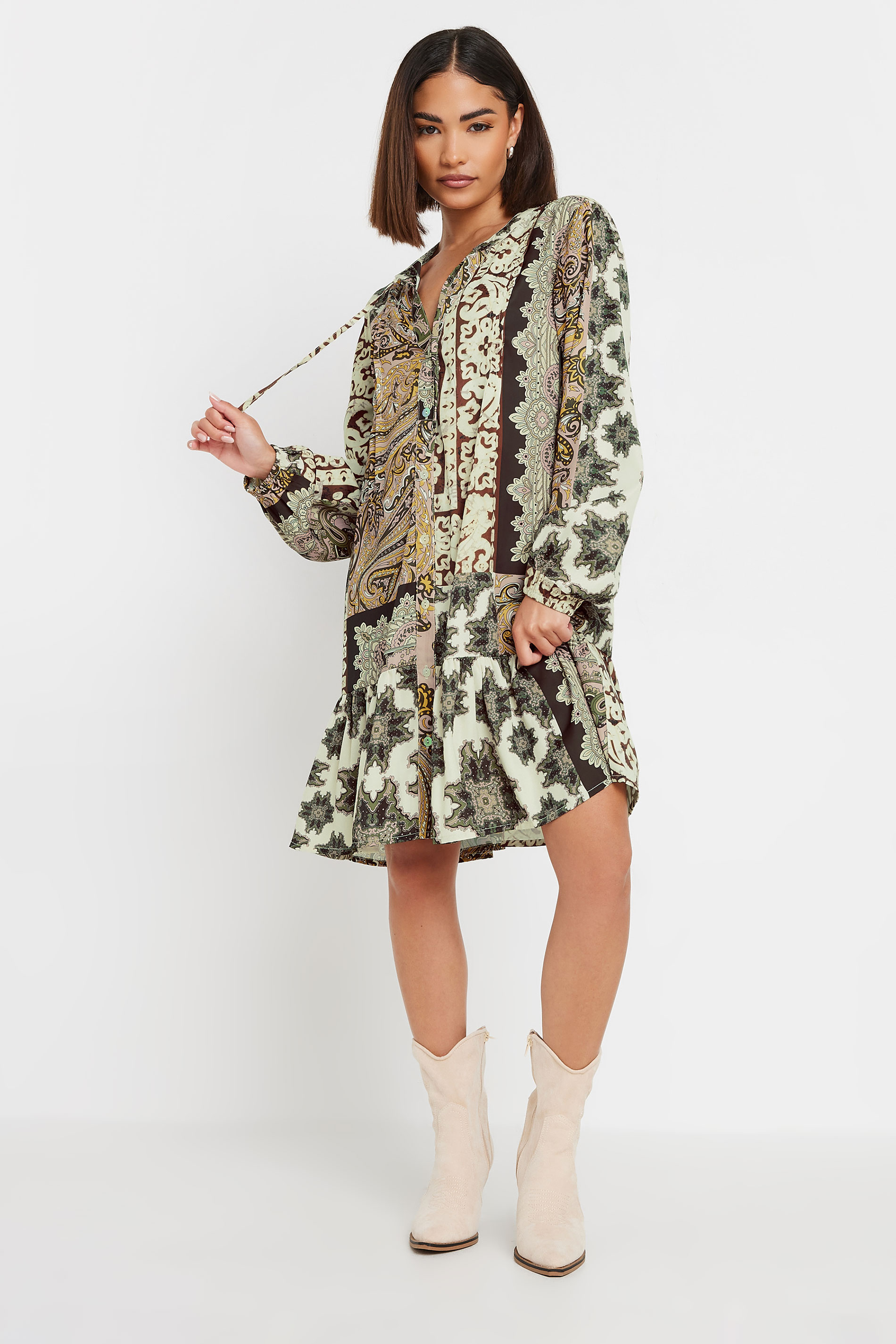 PixieGirl Petite Women's Beige Brown Patchwork Print Tiered Midi Dress | PixieGirl 2