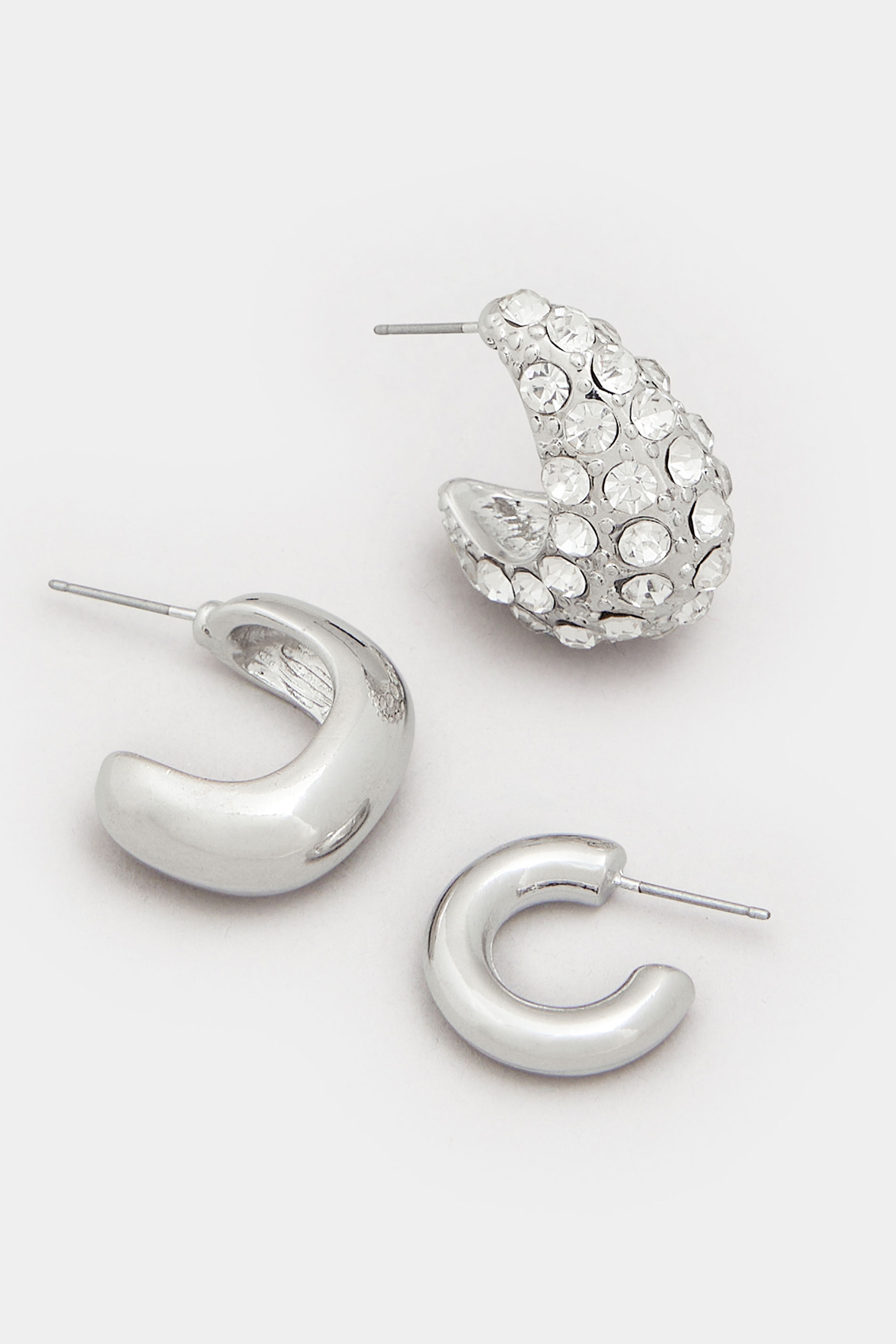 3 PACK Silver Tone Diamante Polished Hoop Earring Set | Yours Clothing 4