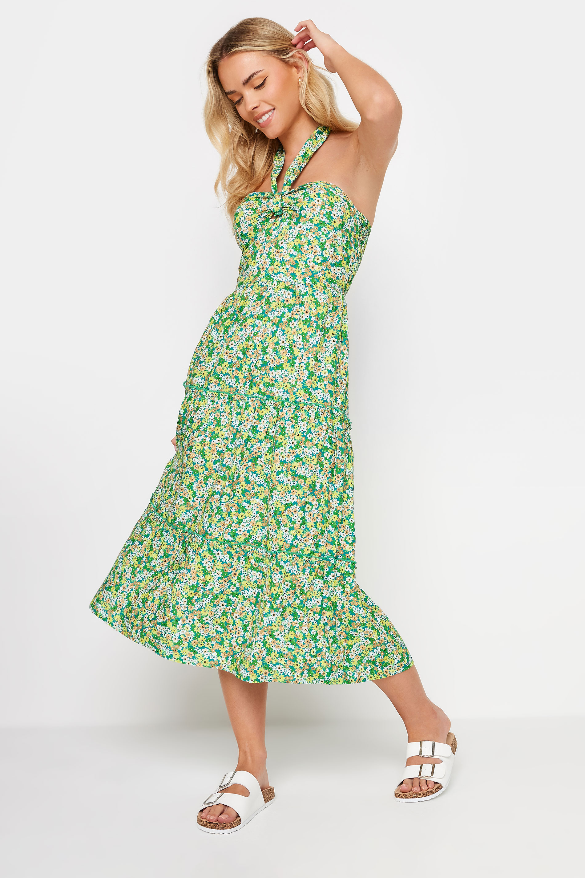 PixieGirl Petite Women's Green Halterneck Ditsy Floral Midi Dress | PixieGirl 2