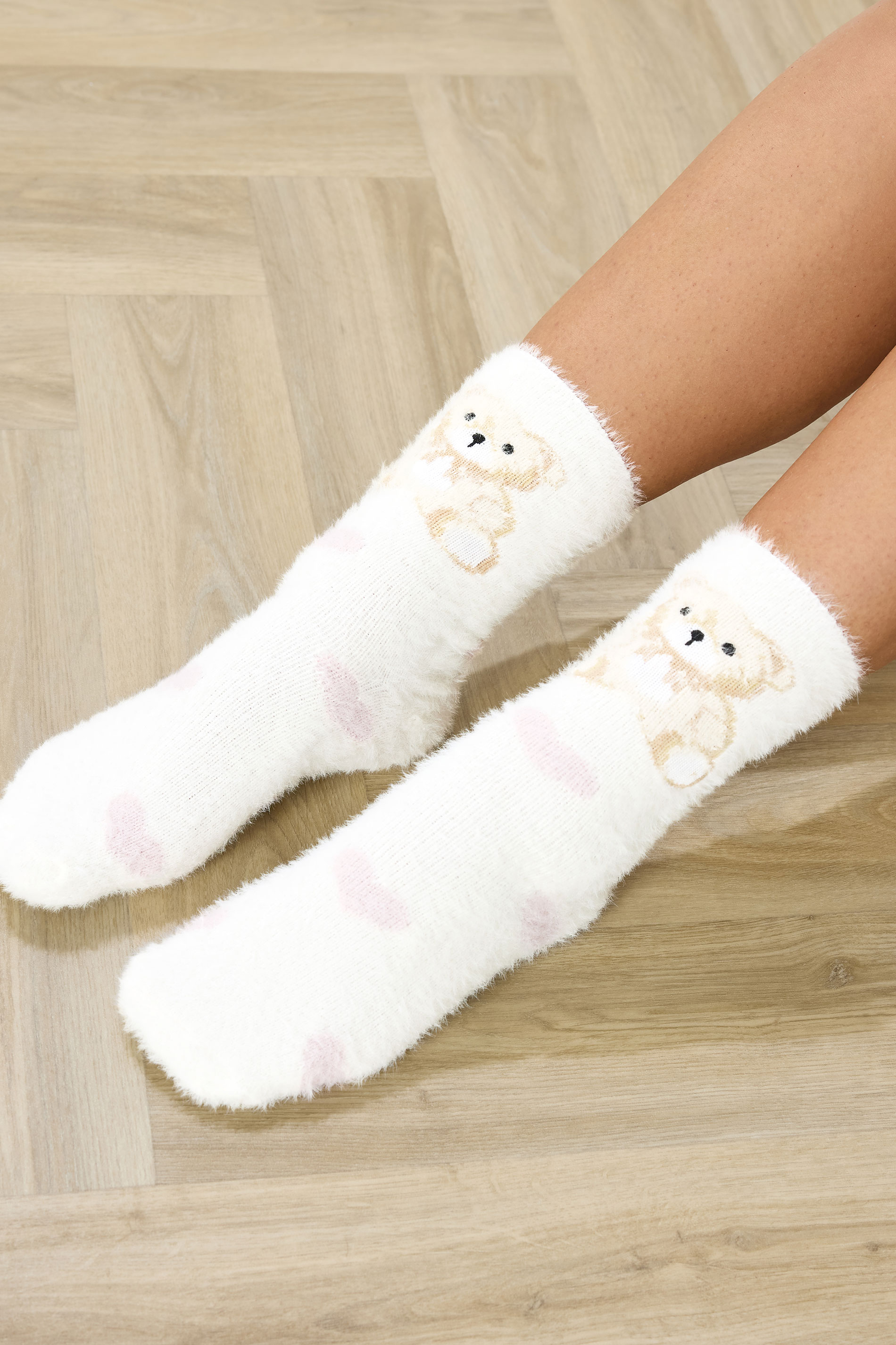 YOURS 2 PACK Curve White & Pink Teddy Bear Fluffy Bed Socks | Yours Clothing 3