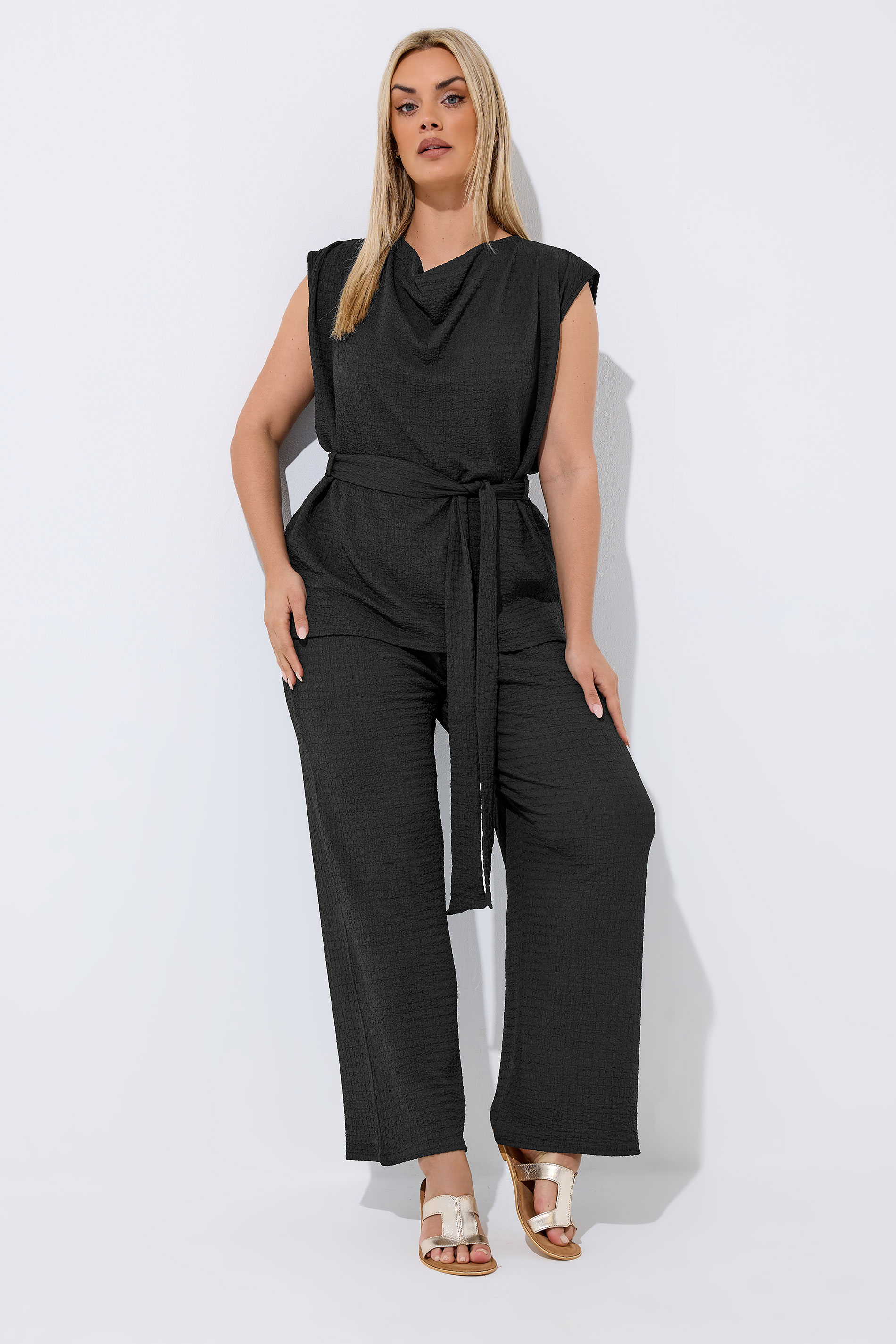 LIMITED COLLECTION Plus Size Black Textured Wide Leg Trousers | Yours Clothing 1