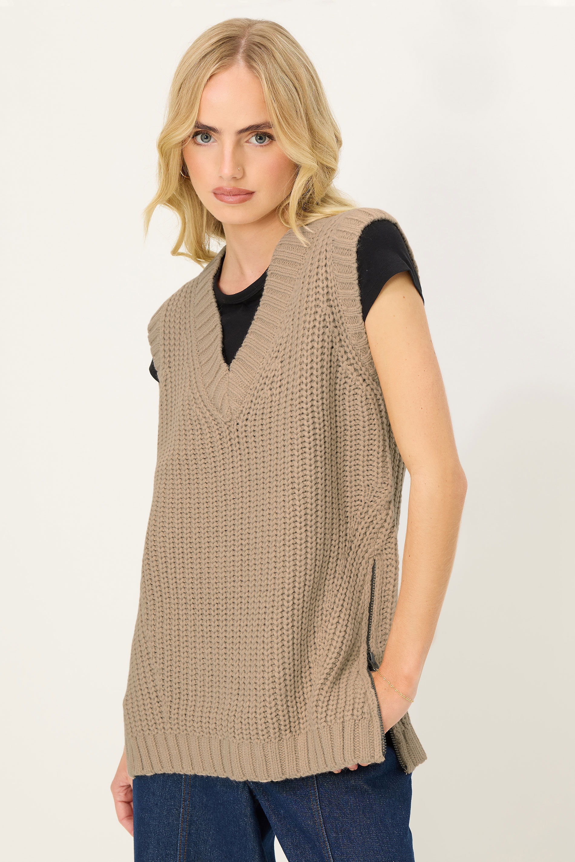 PixieGirl Petite Women's Beige Brown Knitted Sleeveless Jumper | PixieGirl 1
