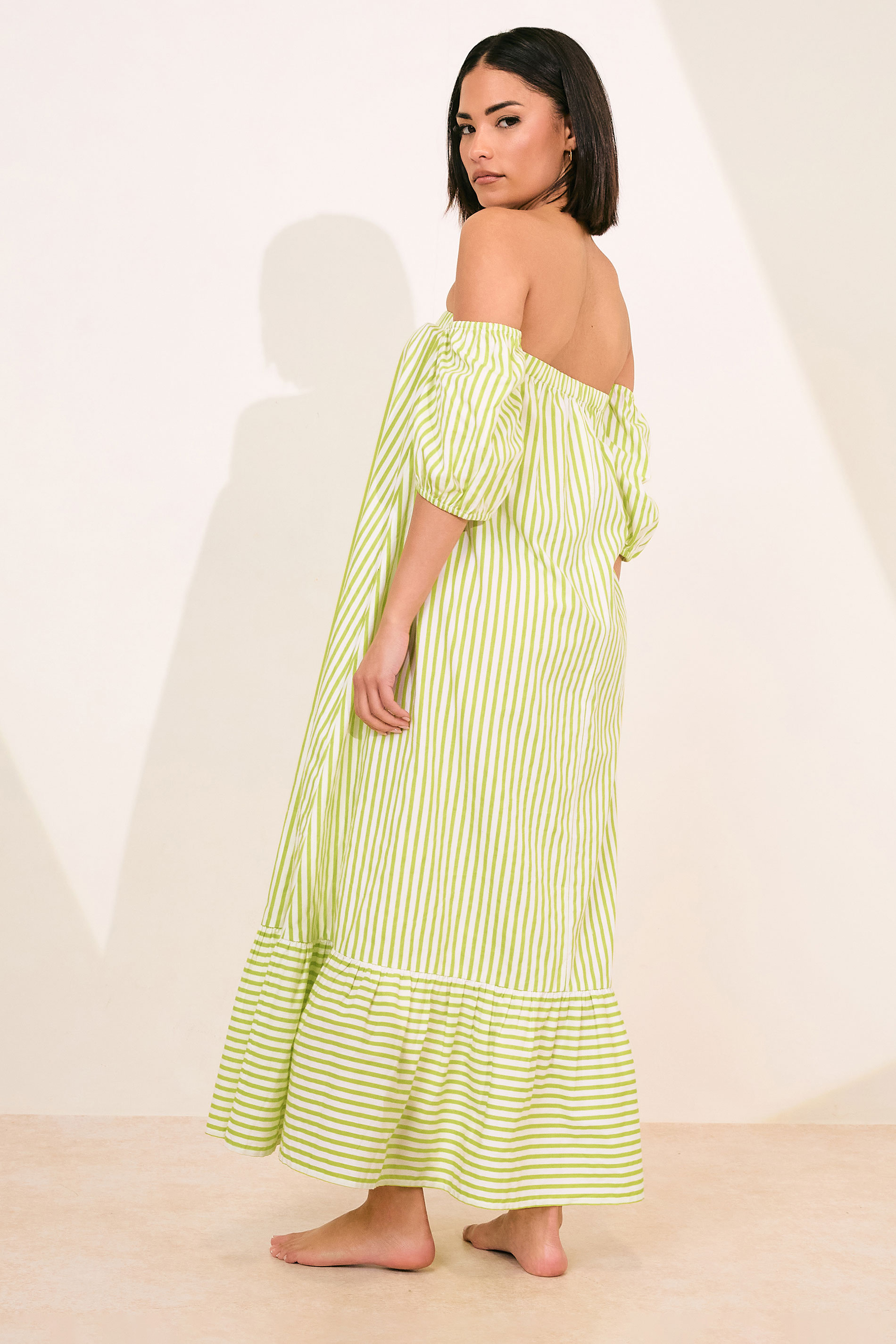 PixieGirl Petite Women's Lime Green Stripe Bardot Midaxi Dress | PixieGirl 5