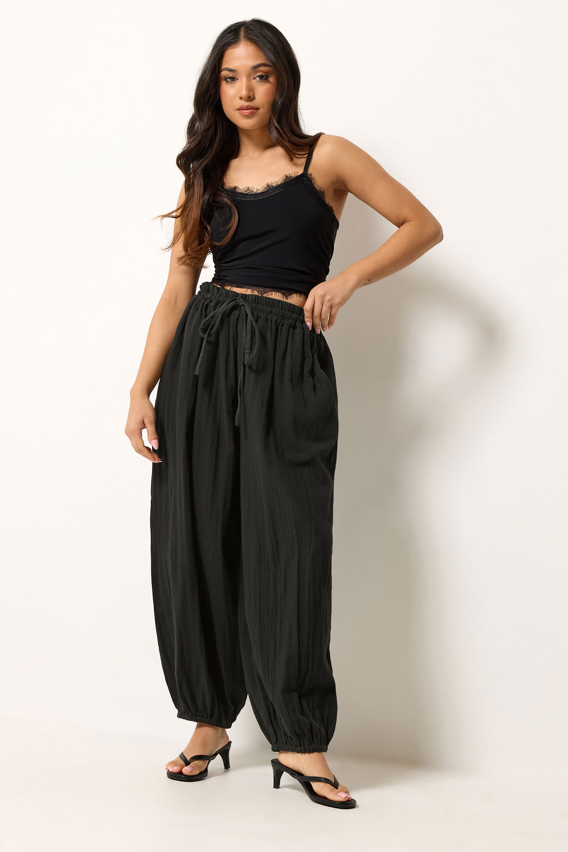 PixieGirl Petite Women's Black Cheesecloth Cotton Balloon Trousers | PixieGirl 3