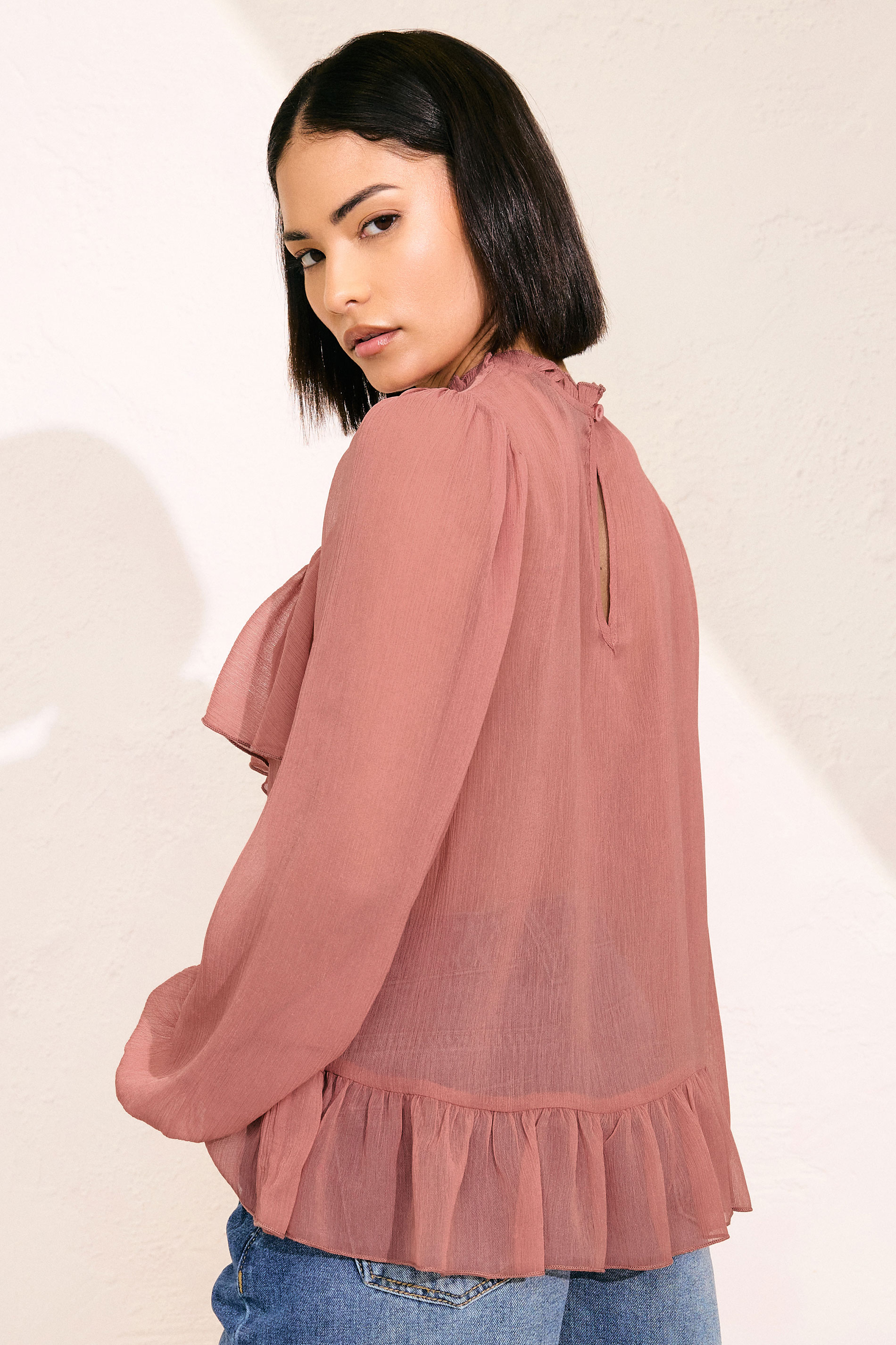 PixieGirl Petite Women's Coral Pink Chiffon Frill Blouse | PixieGirl 4