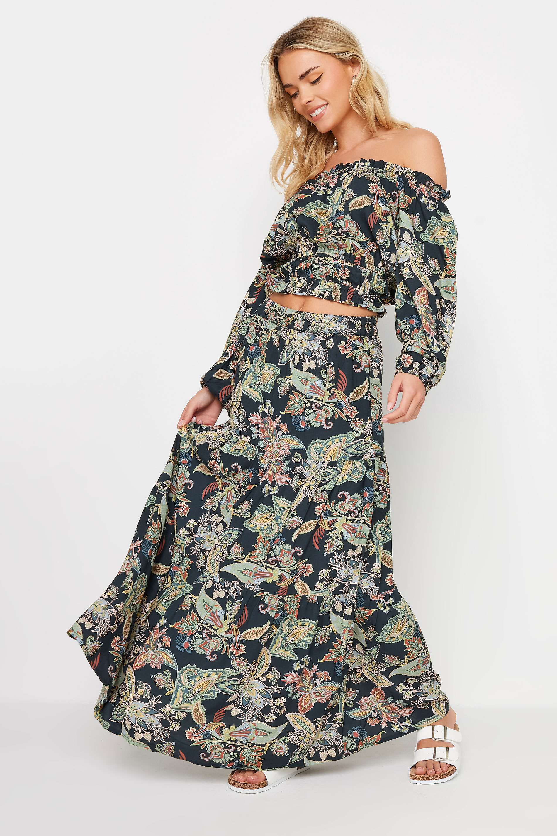 PixieGirl Petite Navy Blue Paisley Print Bardot Top | PixieGirl 2