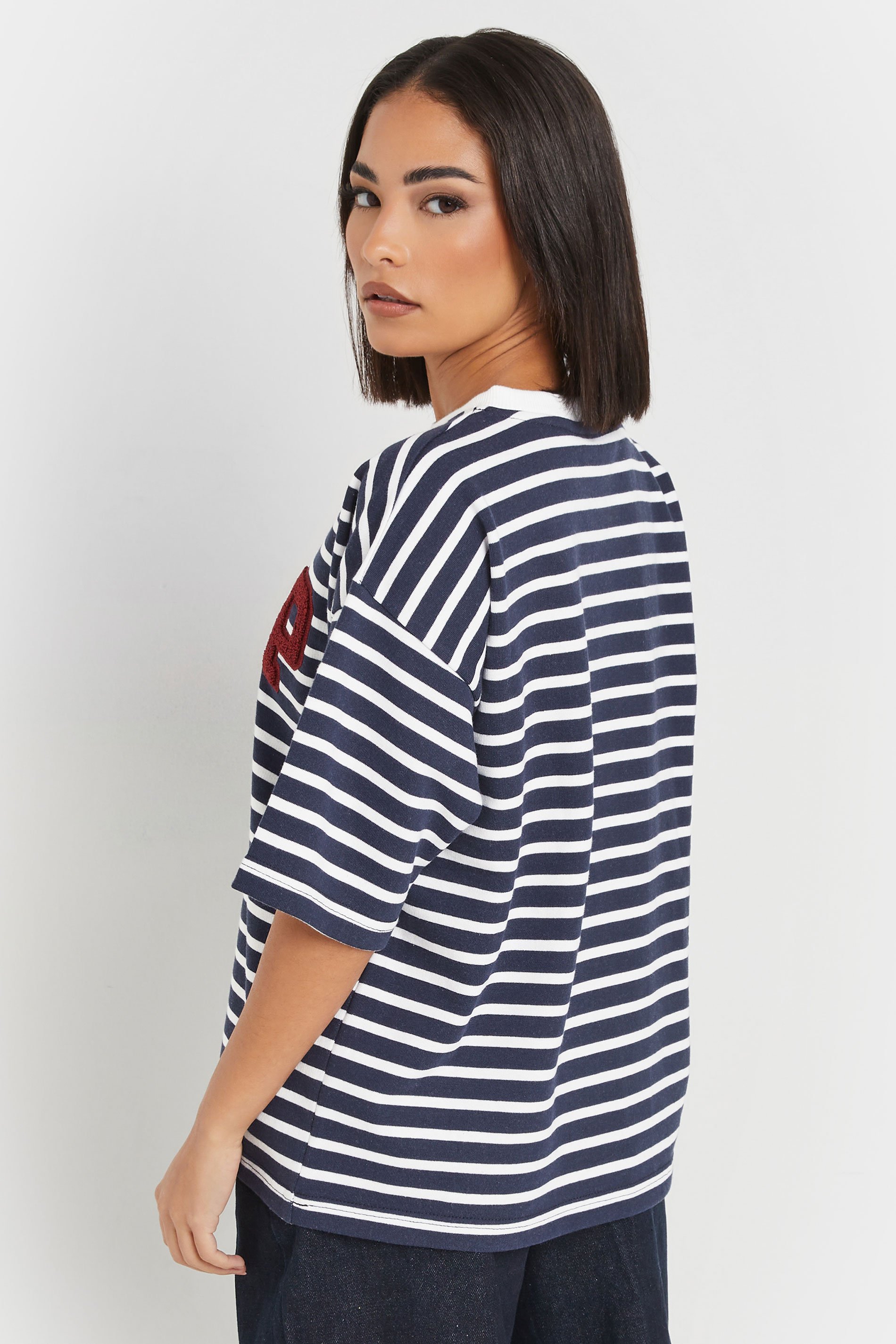 PixieGirl Petite Women's Navy Blue Stripe Applique Initial Sweatshirt | PixieGirl 3