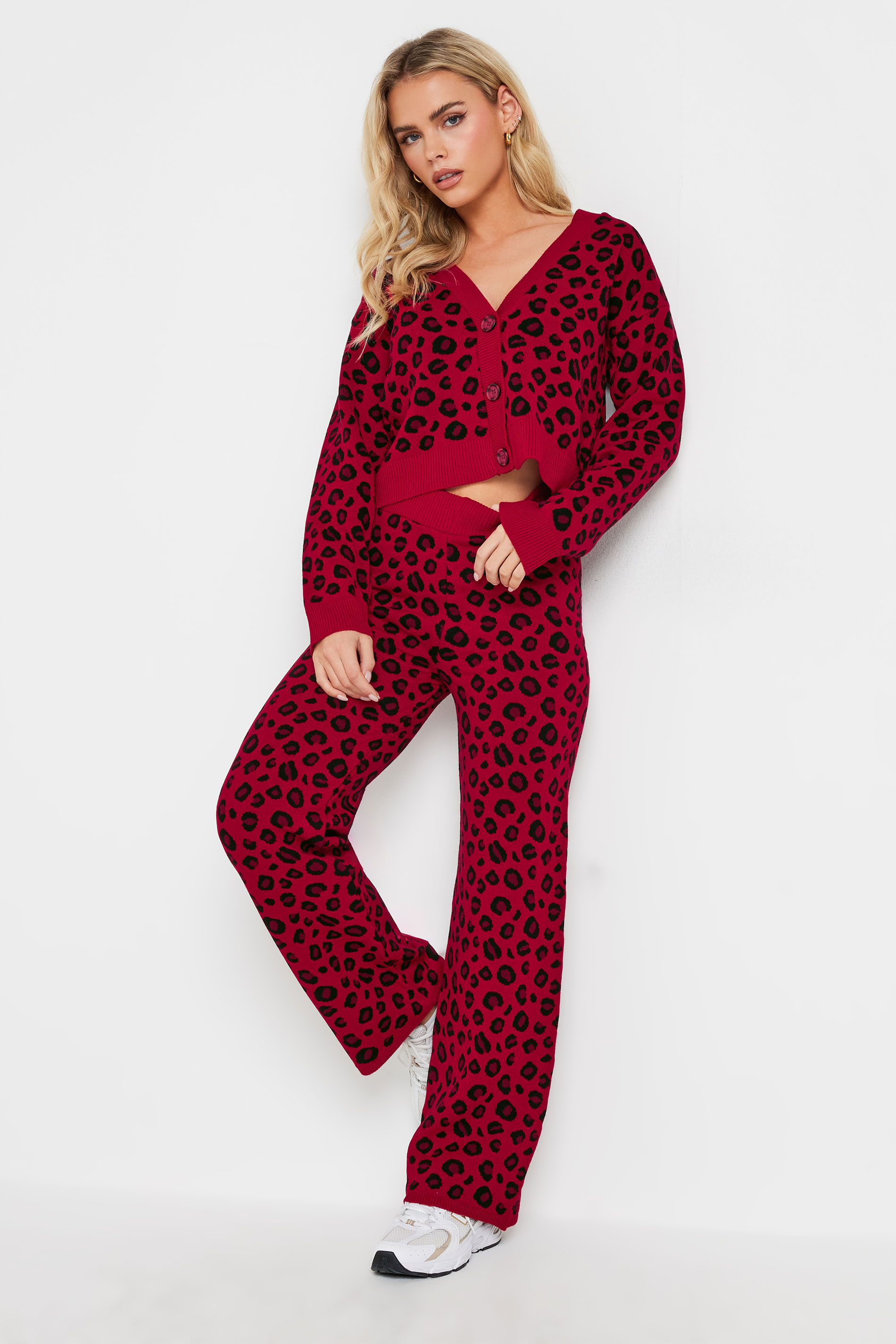 PixieGirl Petite Women's Red Leopard Print Wide Leg Trousers | PixieGirl 1