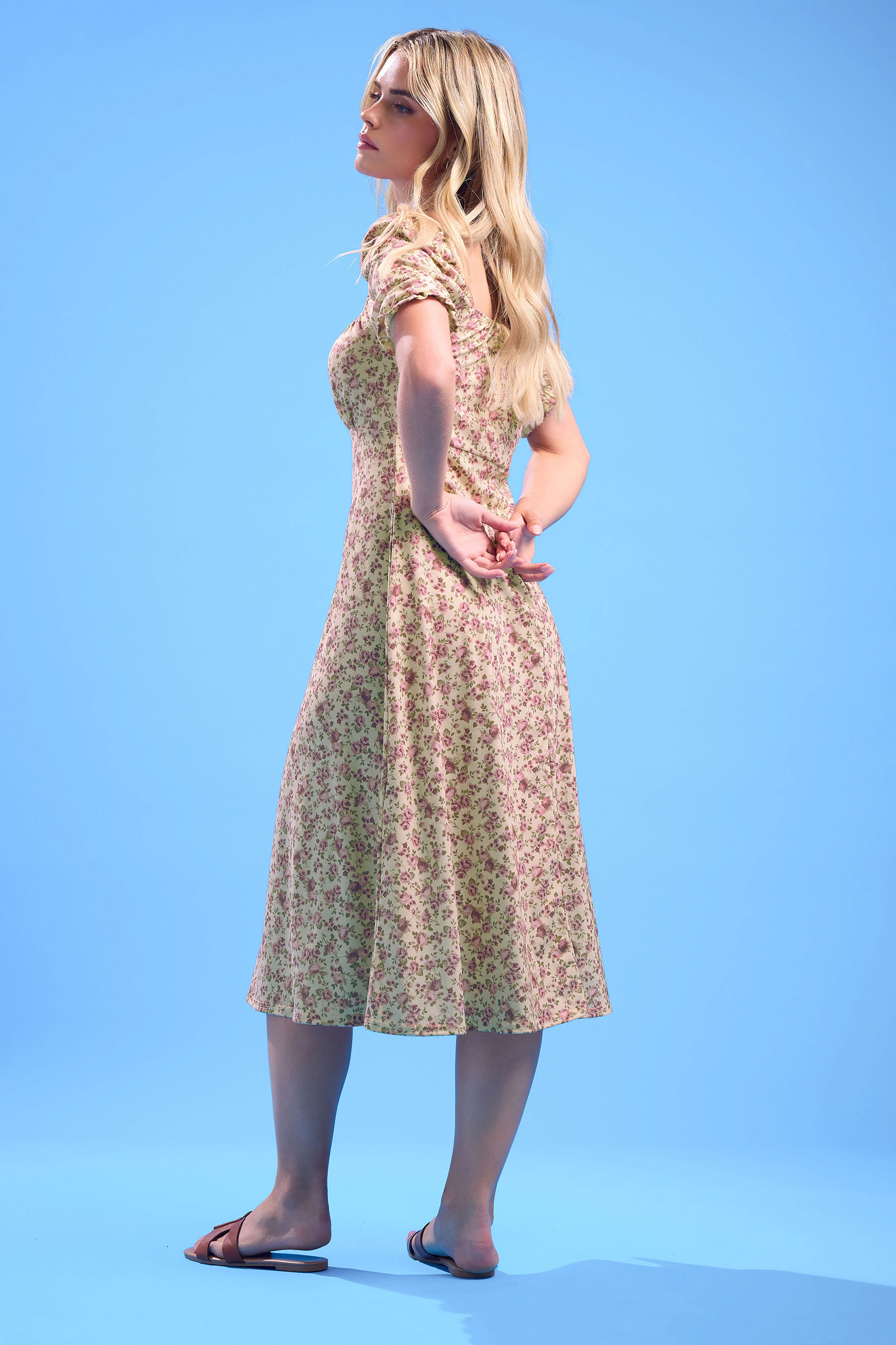 PixieGirl Petite Women's Yellow Ditsy Rose Tie Front Midi Dress | PixieGirl 4