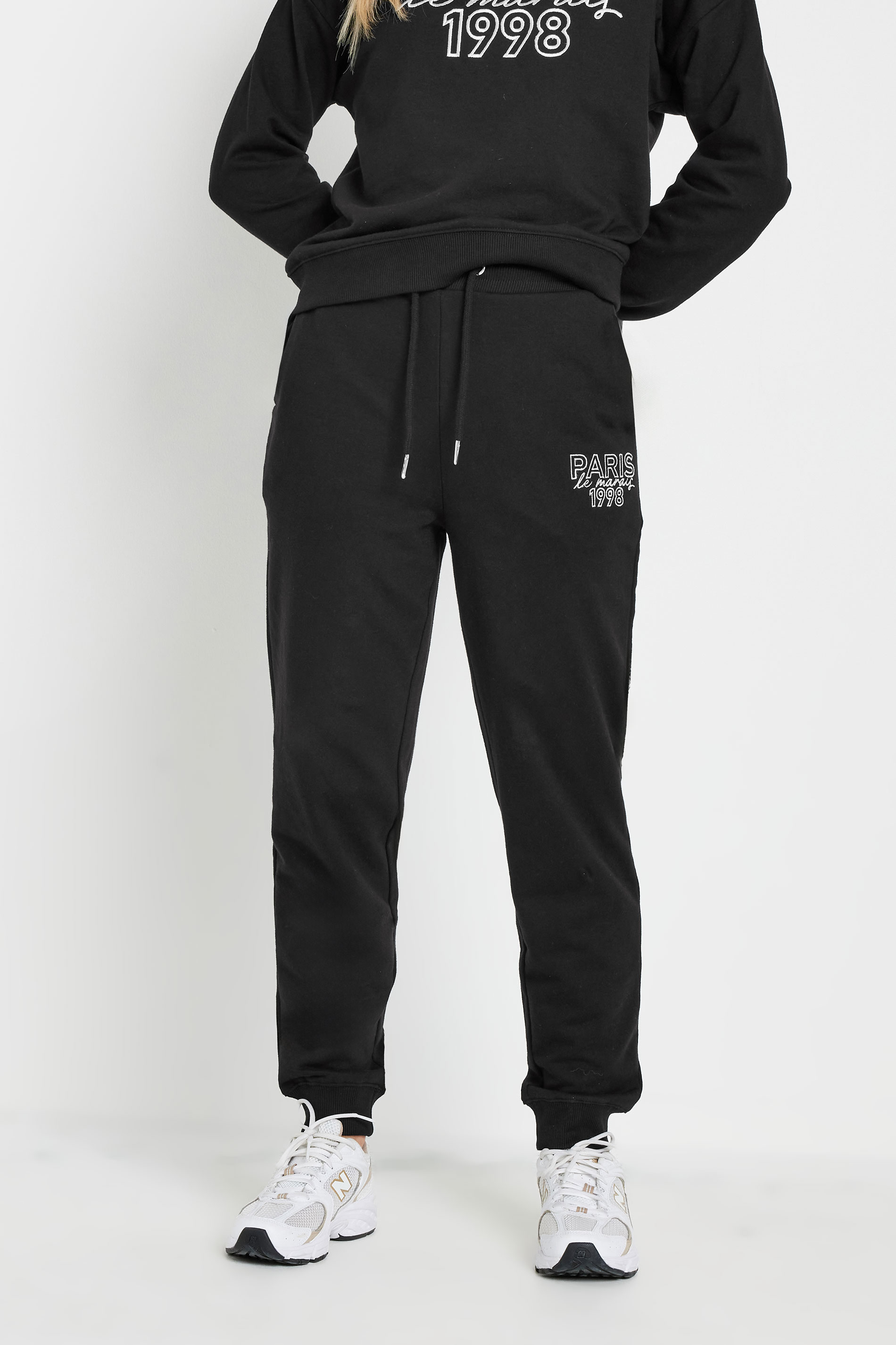 PixieGirl Petite Women's Black Jersey 'Paris' Slogan Cuffed Joggers | PixieGirl 3
