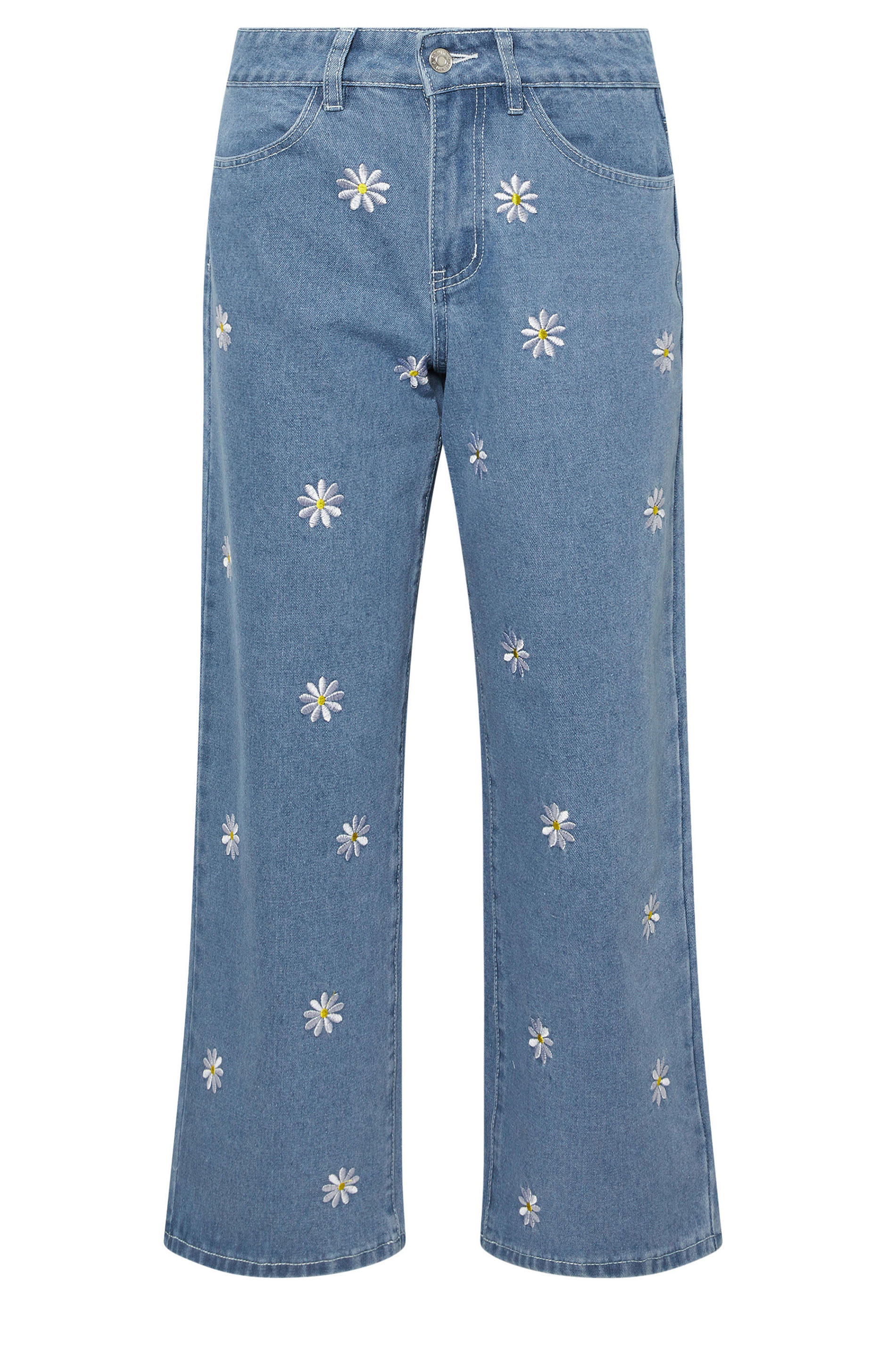 PixieGirl Petite Women's Blue Denim Daisy Embroidered Wide Leg Jeans | PixieGirl 7