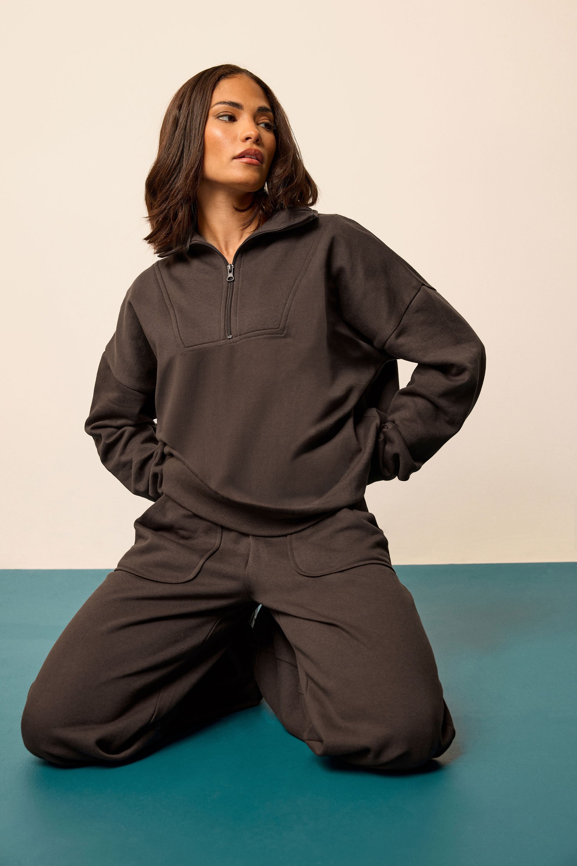 PixieGirl Petite Women's Chocolate Brown Quarter Zip Sweatshirt | PixieGirl 1