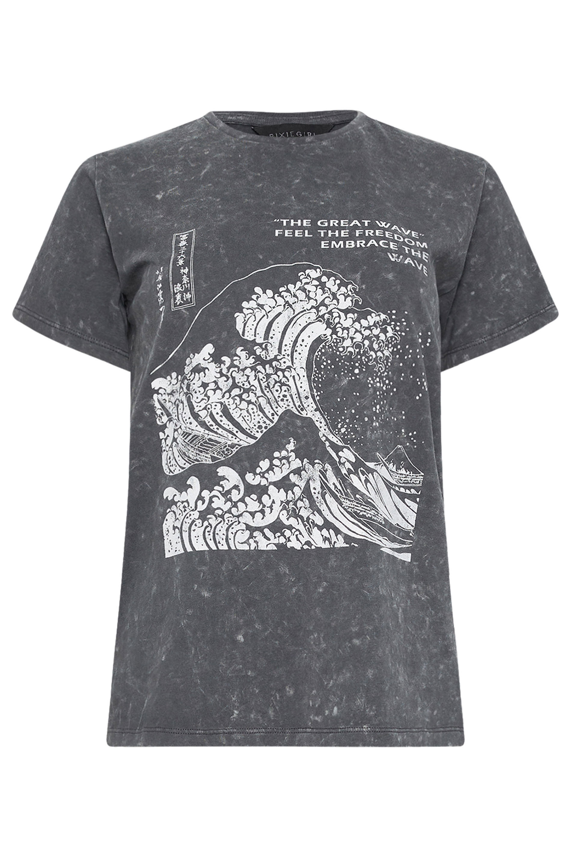 PixieGirl Petite Women's Charcoal Grey 'The Great Wave' Slogan Printed T-Shirt | PixieGirl 5