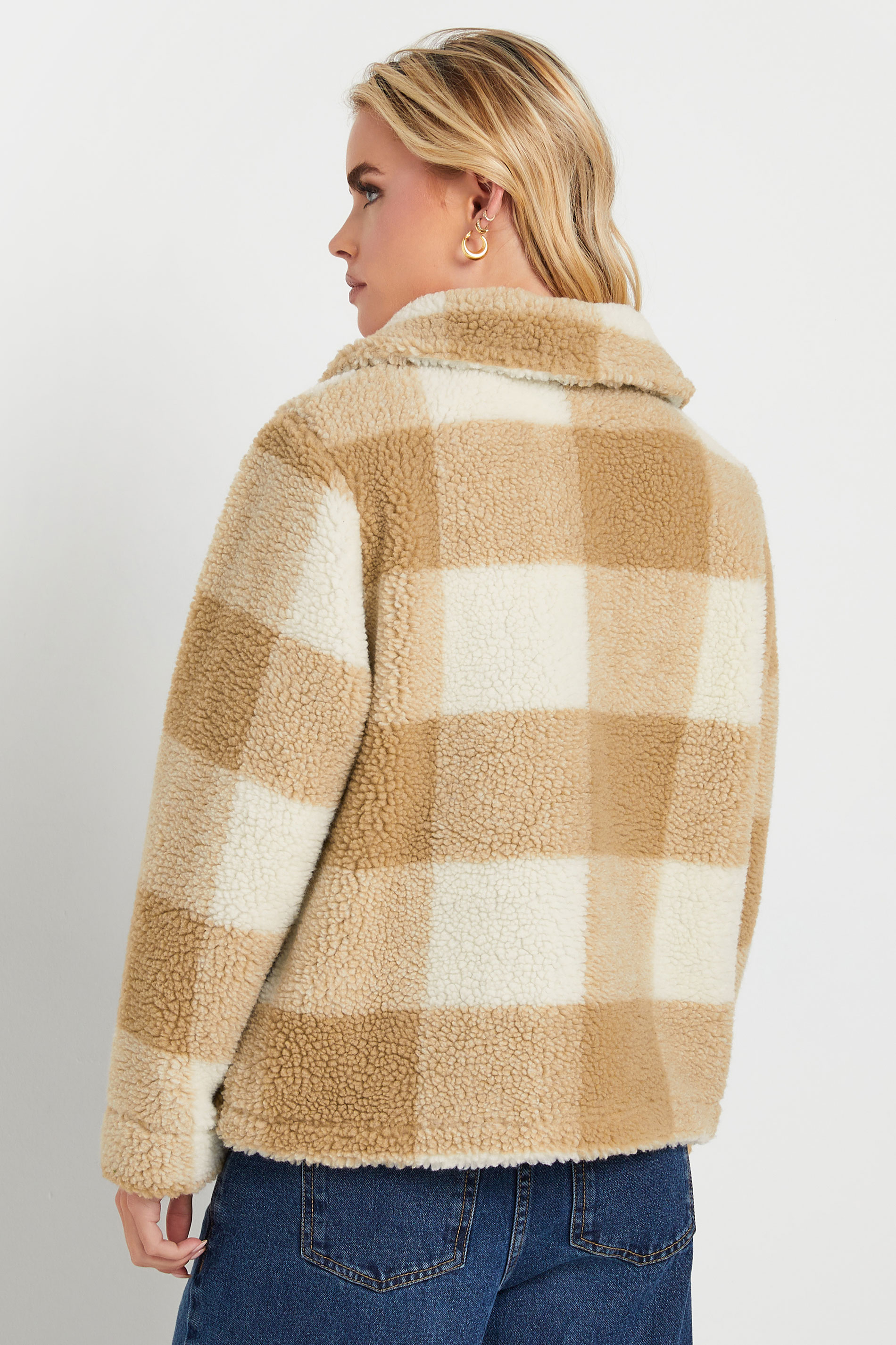 PixieGirl Petite Women's Natural Brown Check Teddy Fleece Jacket | PixieGirl 3