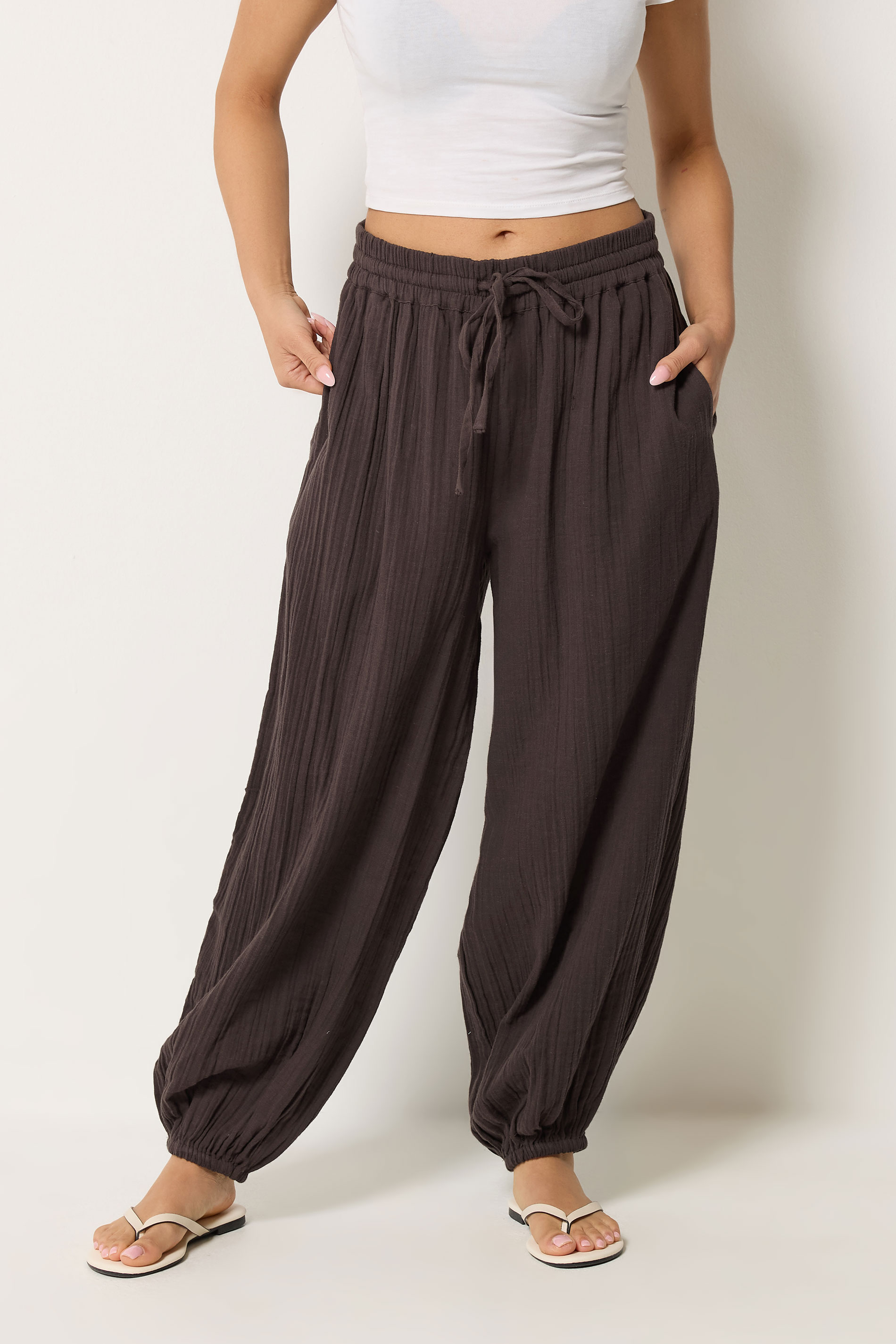 PixieGirl Petite Women's Chocolate Brown Cheesecloth Cotton Balloon Trousers | PixieGirl 1