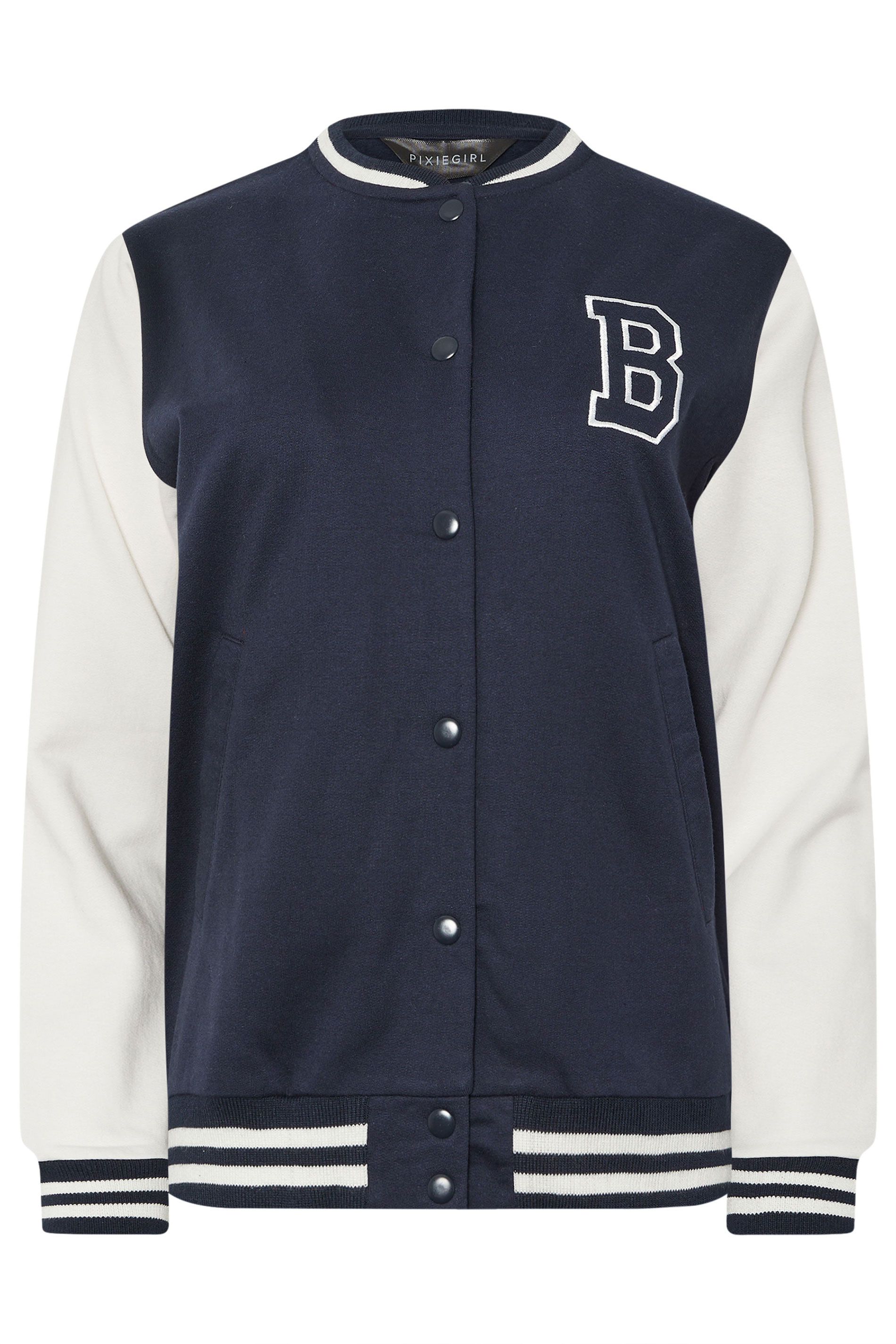PixieGirl Petite Women's Navy Blue 'Boston' Slogan Varsity Bomber Jacket | PixieGirl 5