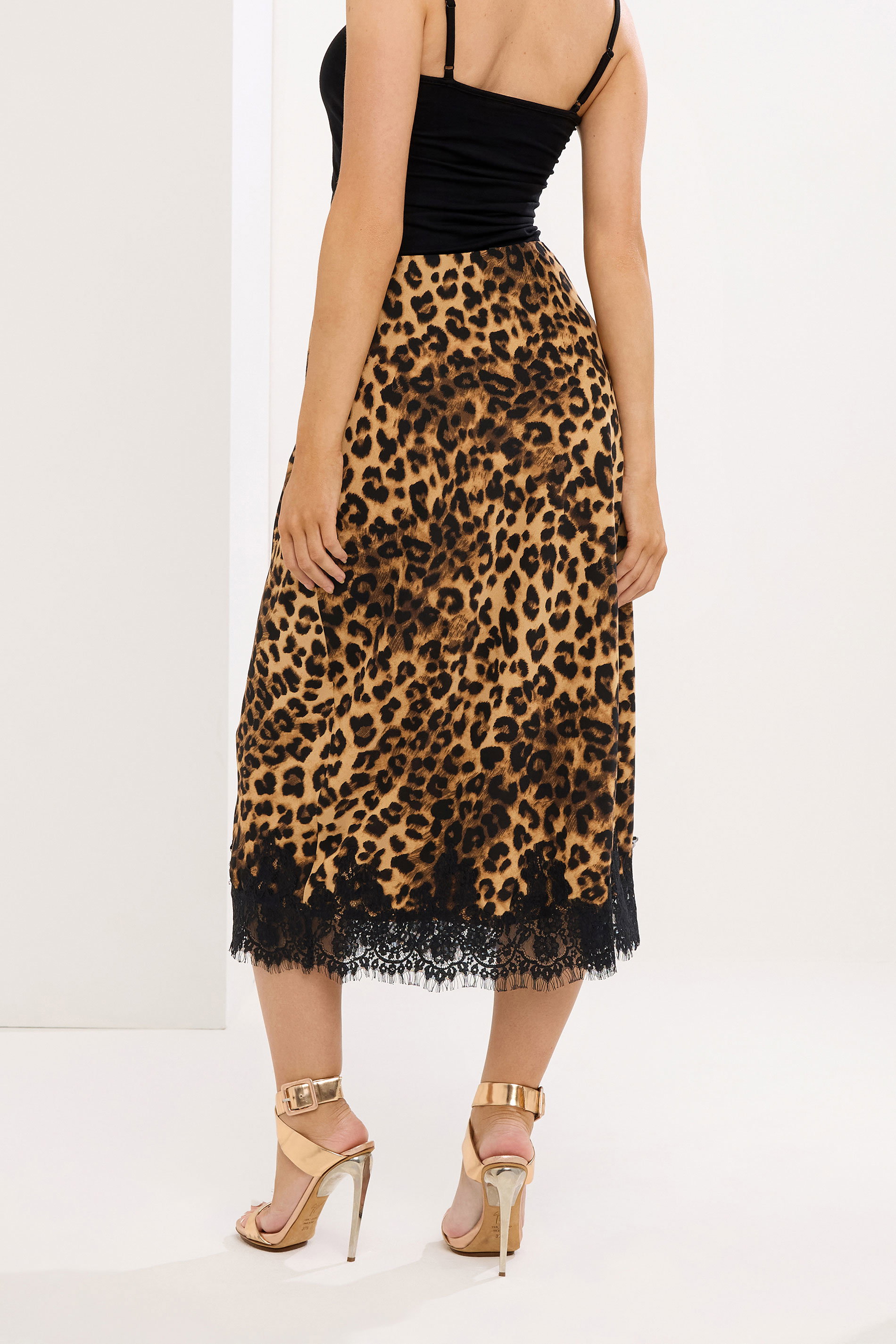 STAR Brown Leopard Lace Trim Satin Skirt | StarByJM 4