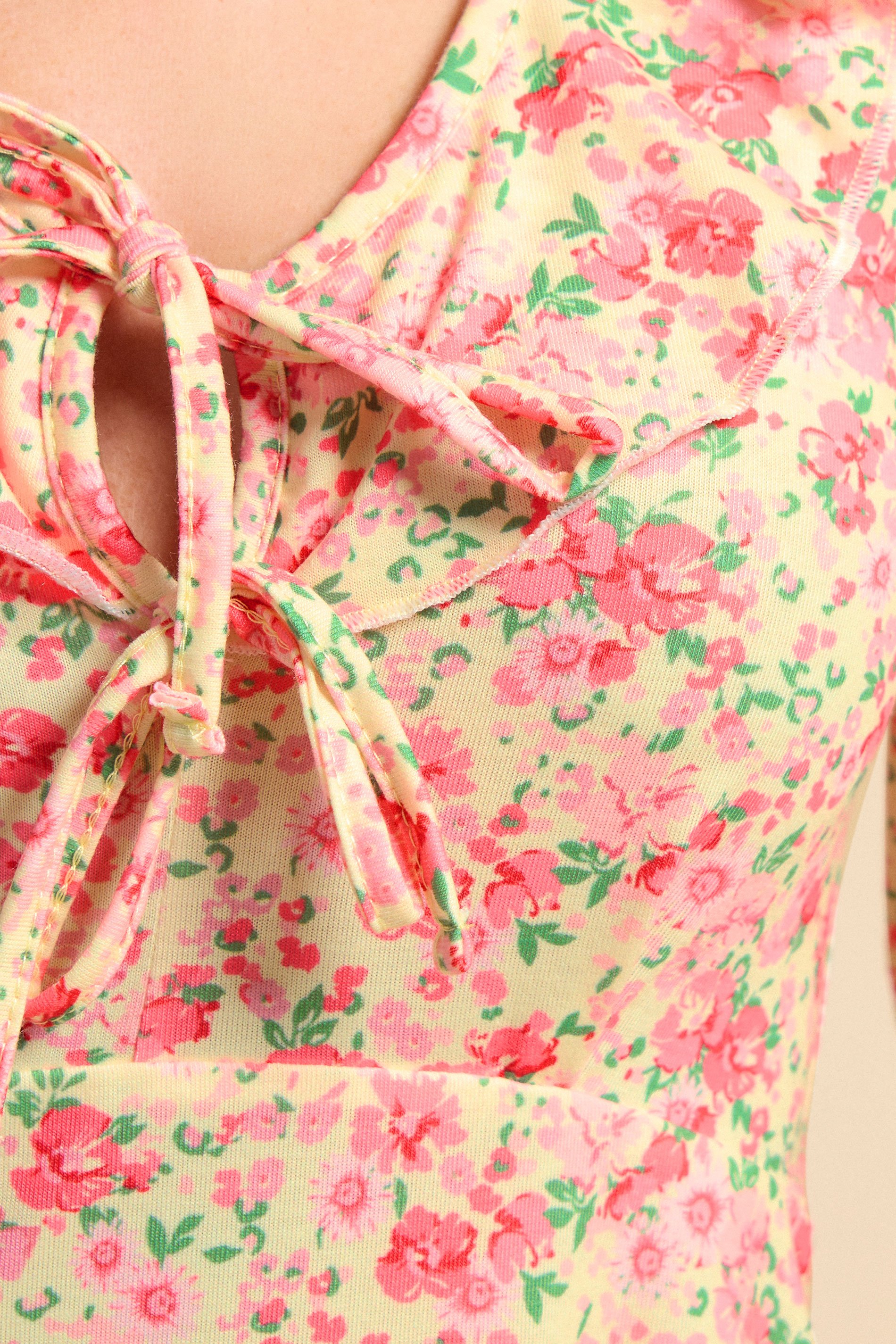 PixieGirl Petite Women's Pink Ditsy Floral Frill Tie Midi Dress | PixieGirl 5