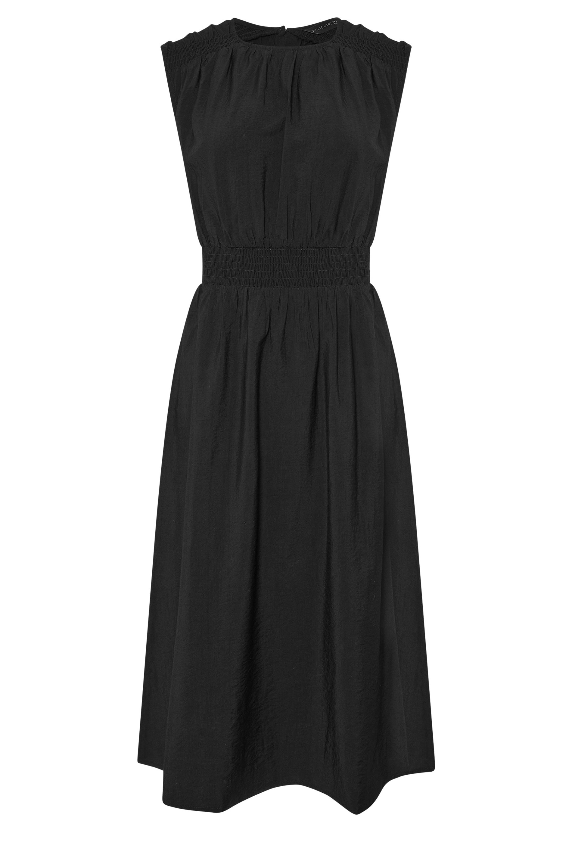 PixieGirl Petite Women's Black Shirred Waist Midi Dress | PixieGirl 5