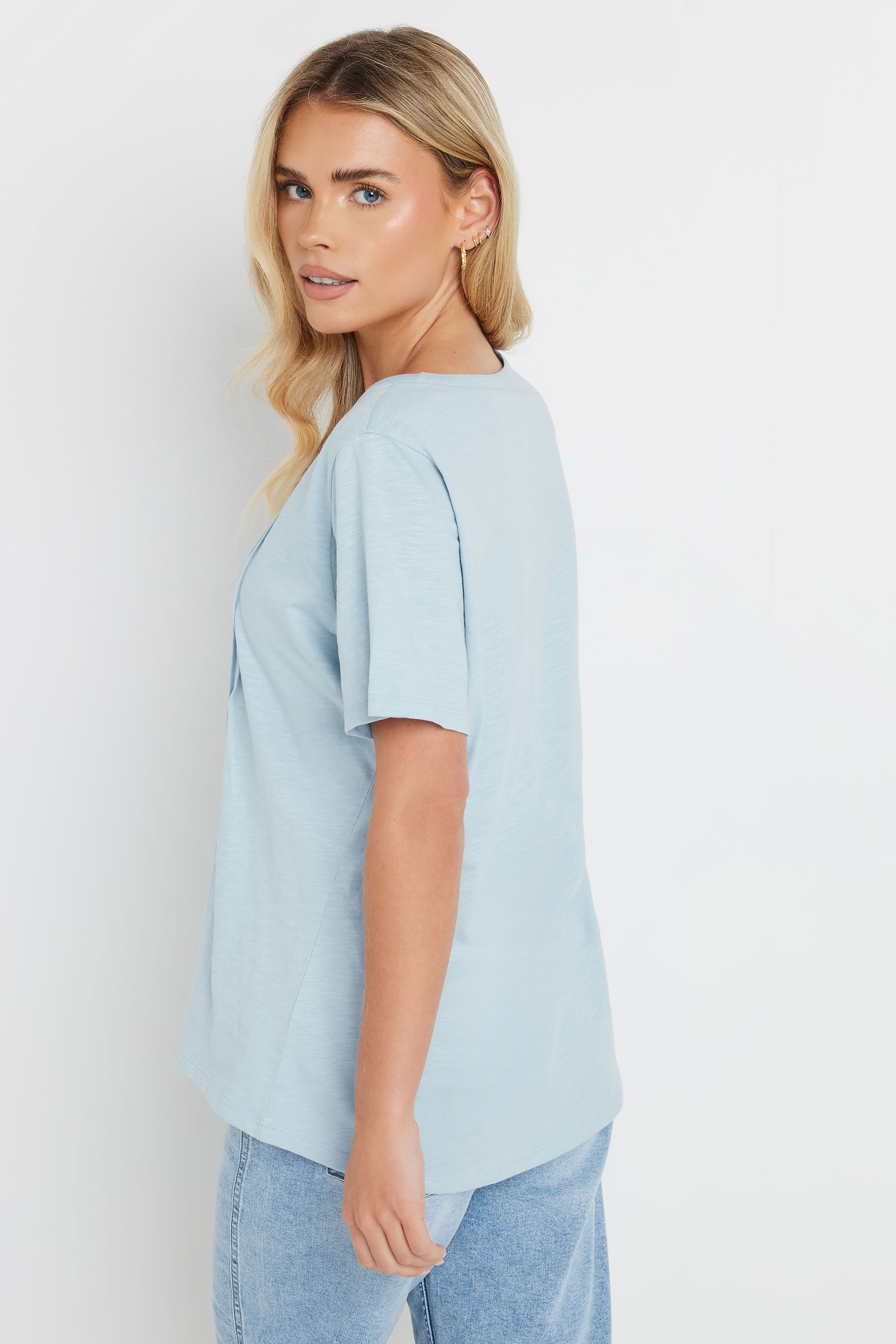 M&Co Petite Light Blue Cotton Short Sleeve Henley Top | M&Co 2
