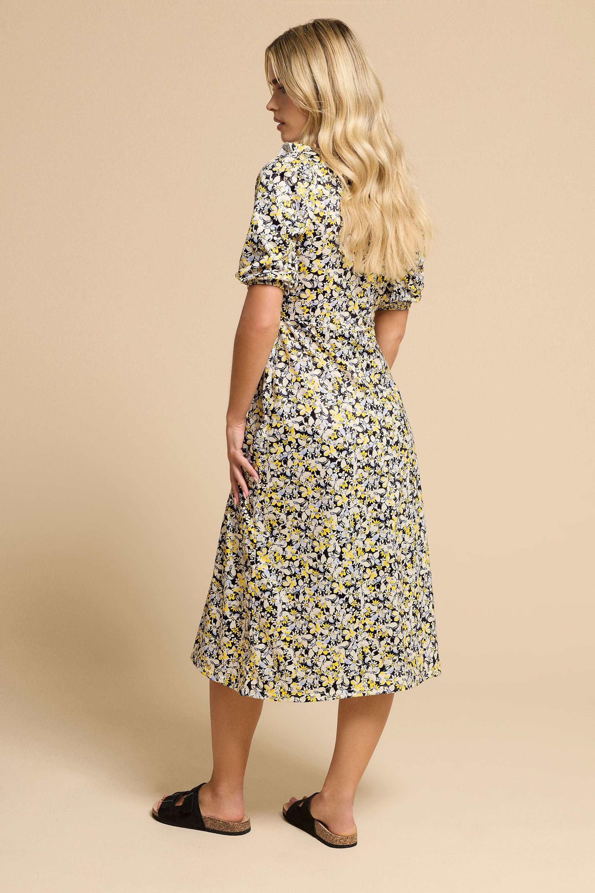 PixieGirl Petite Women's Yellow Ditsy Floral Frill Tie Midi Dress | PixieGirl 3