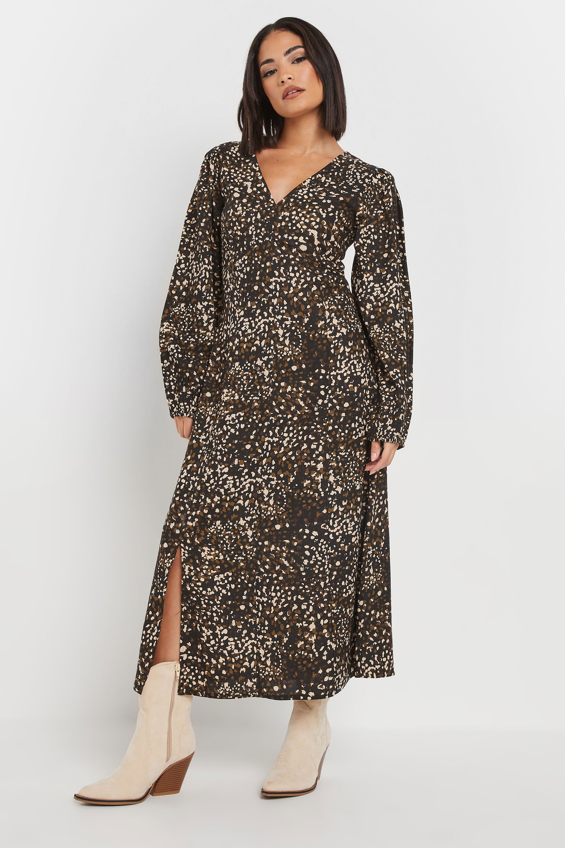 PixieGirl Petite Women's Brown Abstract Spot Midi Tea Dress | PixieGirl 1