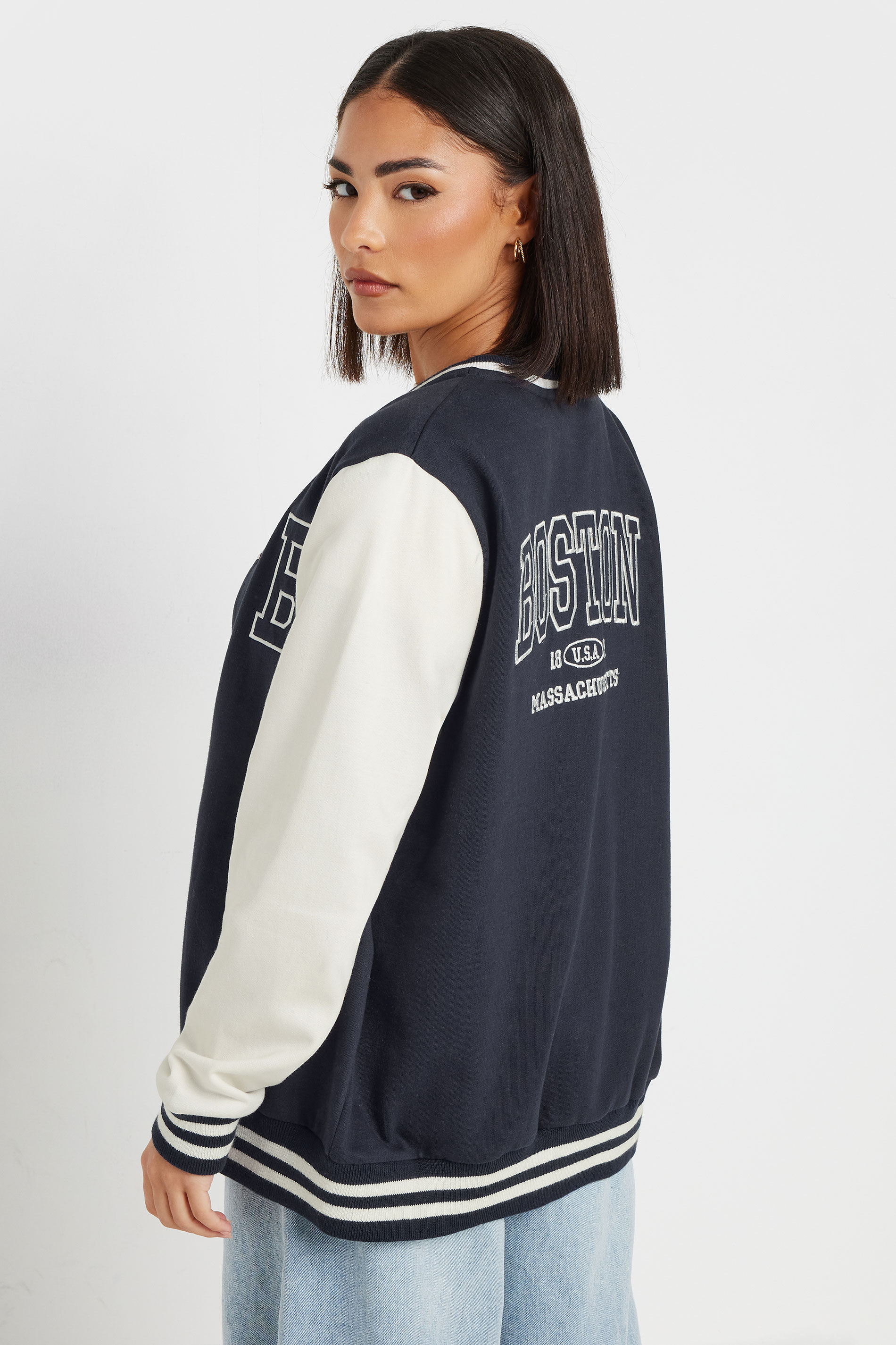 PixieGirl Petite Women's Navy Blue 'Boston' Slogan Varsity Bomber Jacket | PixieGirl 3