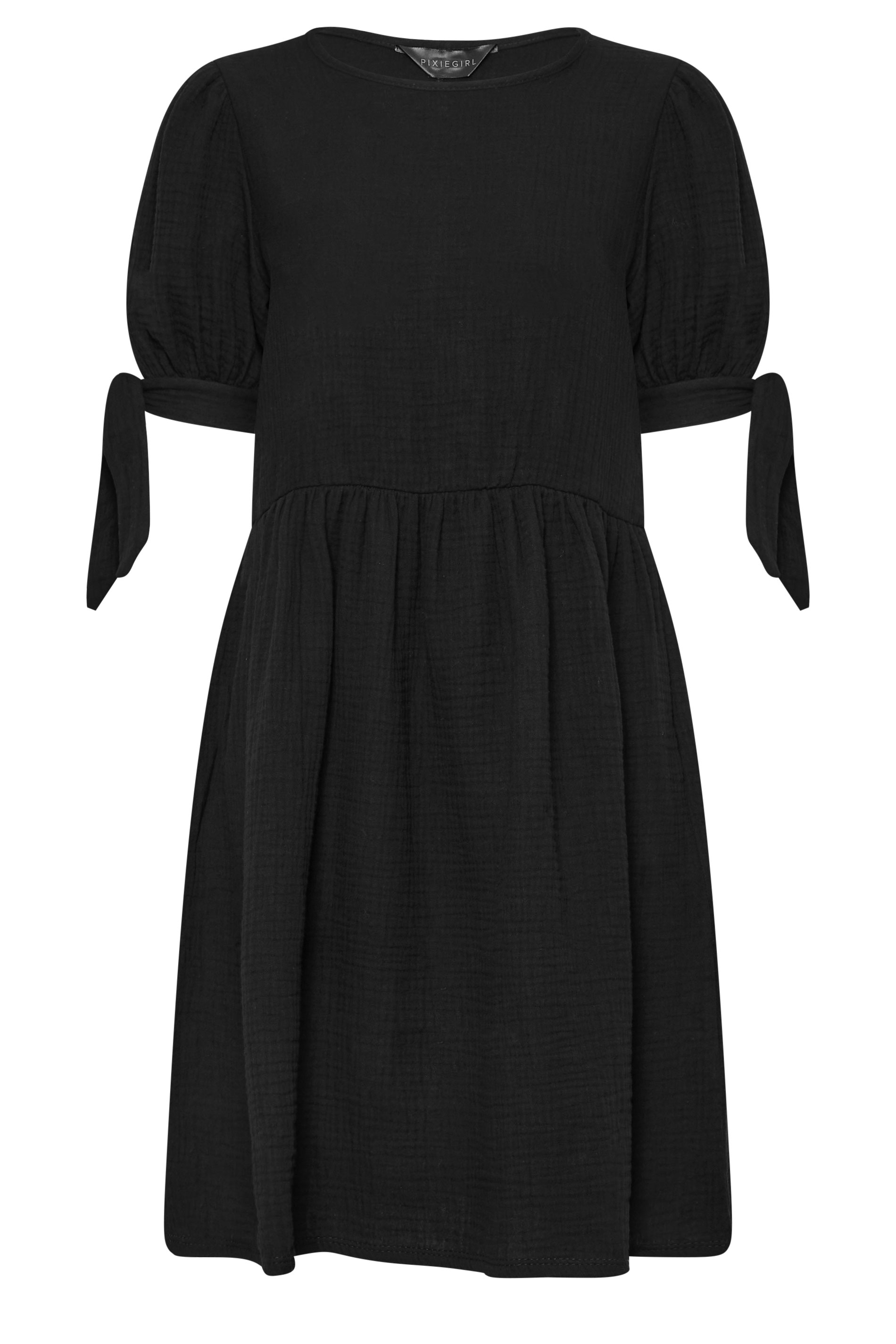 PixieGirl Petite Black Tie Sleeve Textured Smock Dress | PixieGirl 5
