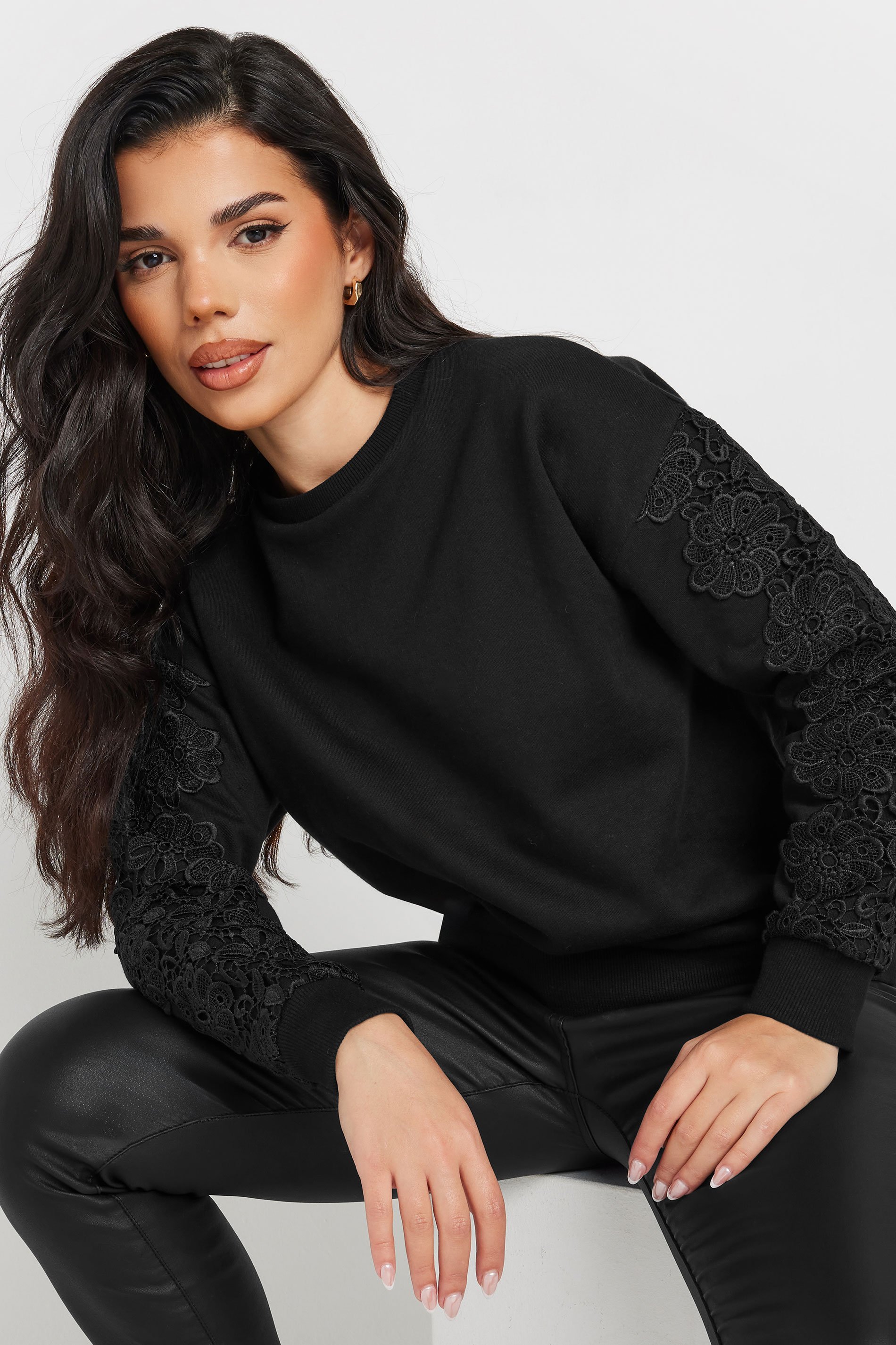 PixieGirl Petite Women's Black Crochet Sleeve Sweatshirt | PixieGirl 1