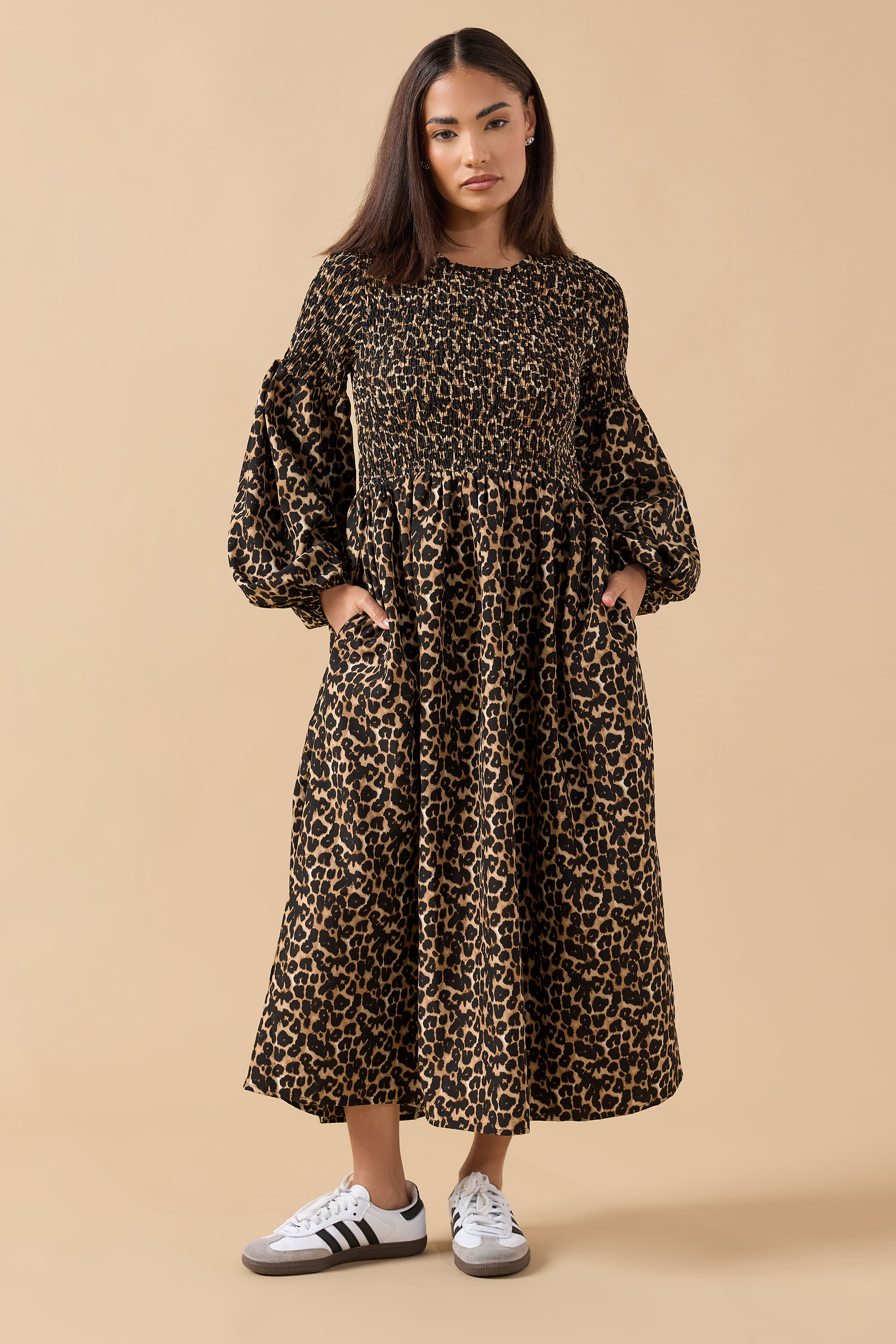 PixieGirl Petite Women's Brown Animal Shirred Puff Sleeve Maxi Dress | PixieGirl 1