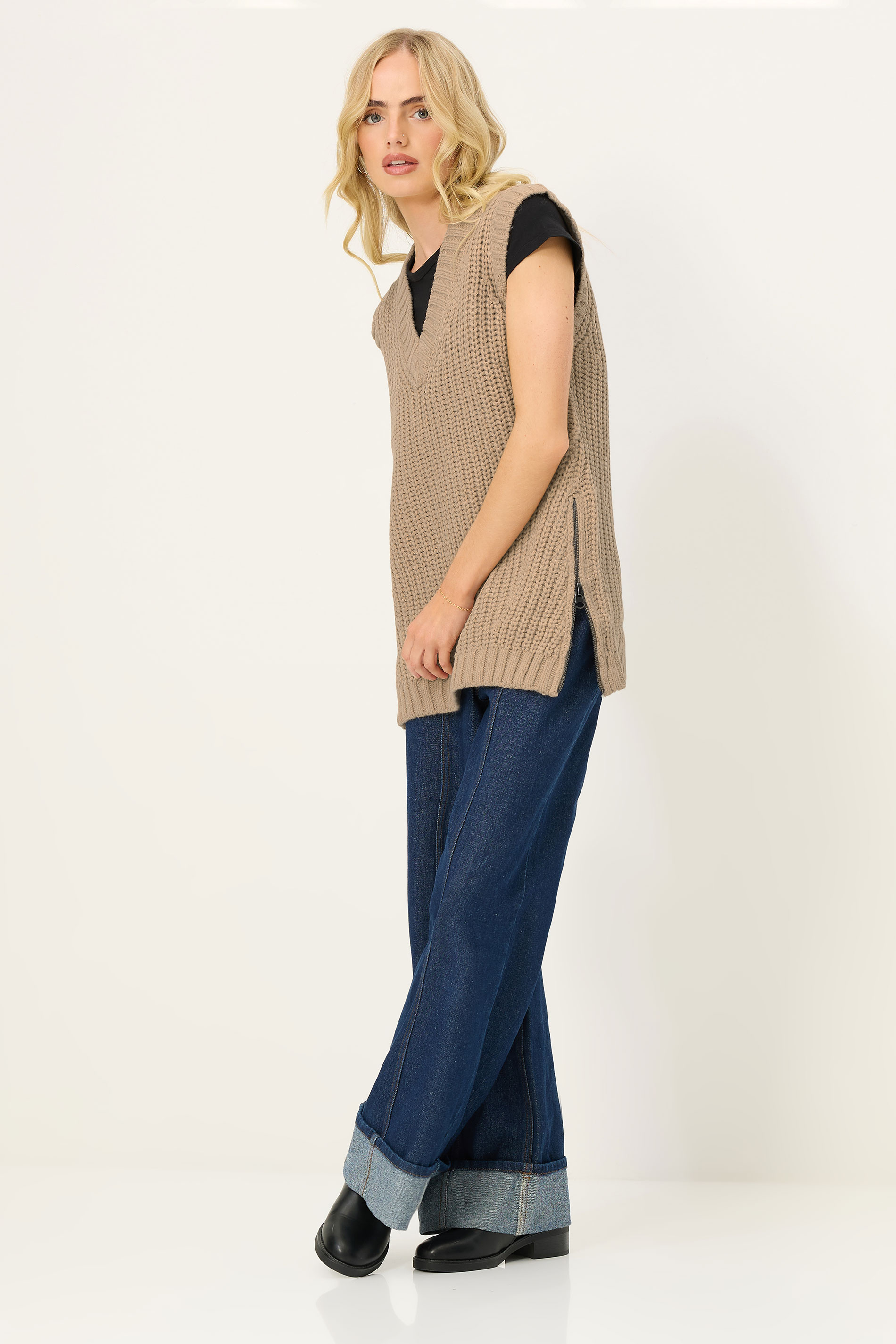 PixieGirl Petite Women's Beige Brown Knitted Sleeveless Jumper | PixieGirl 2