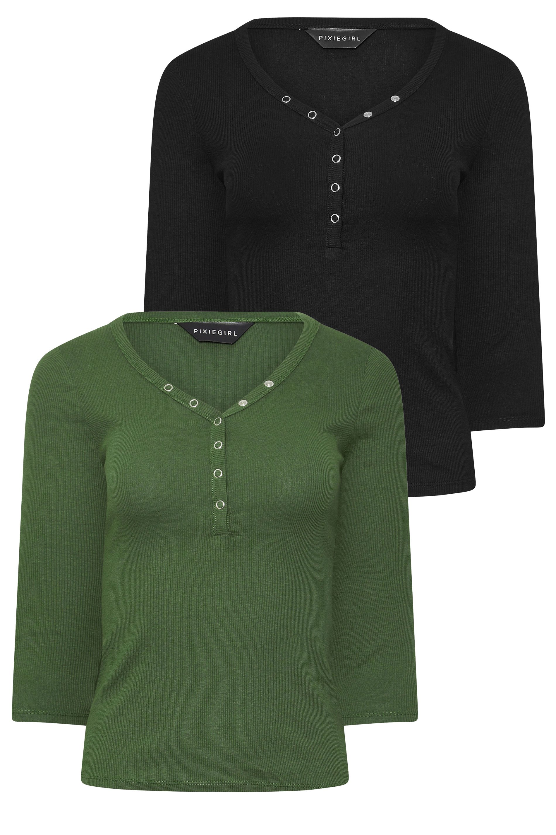 PixieGirl Petite Women's 2 PACK Black & Khaki Green Button Henley Tops | PixieGirl 7