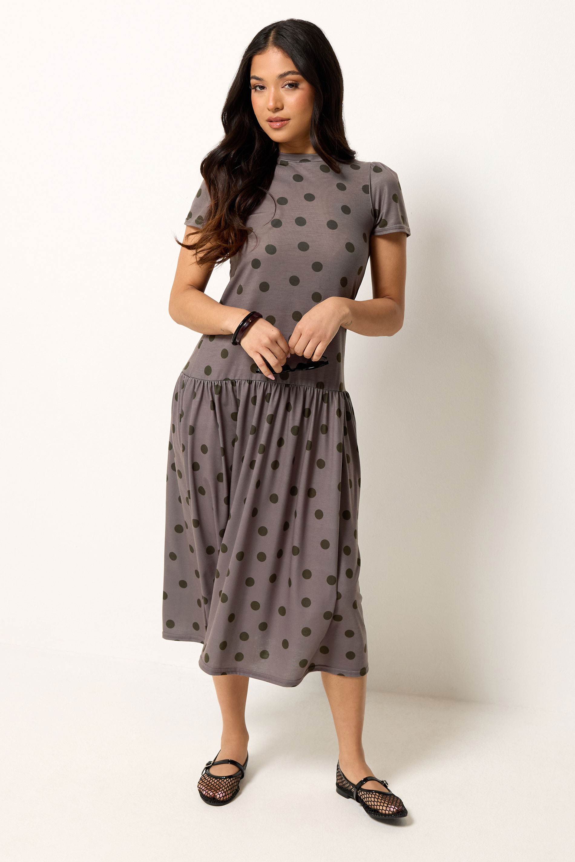PixieGirl Petite Women's Chocolate Brown Polka Dot Drop Waist Maxi Dress | PixieGirl 2