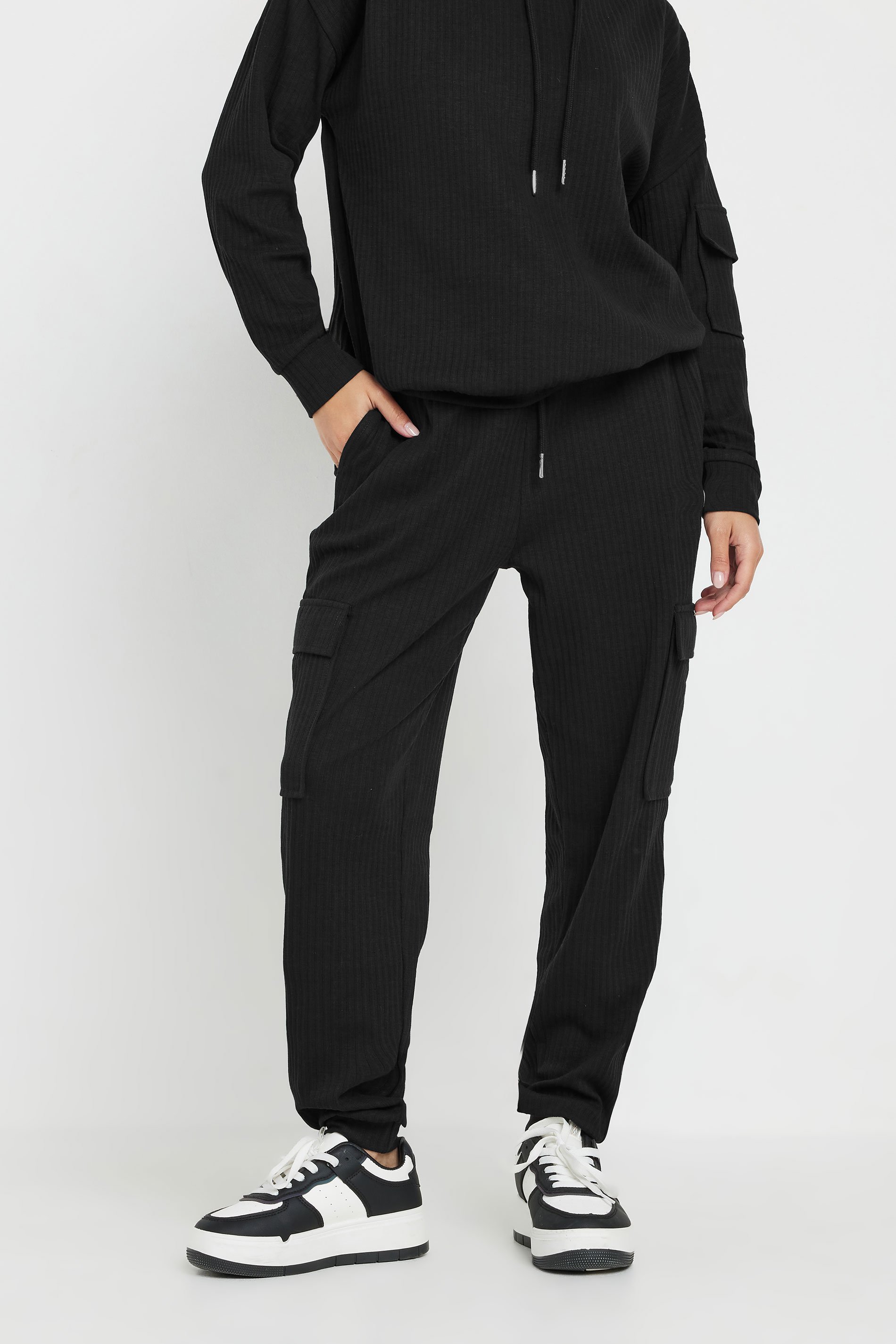 PixieGirl Petite Women's Black Ribbed Cargo Joggers | PixieGirl 2