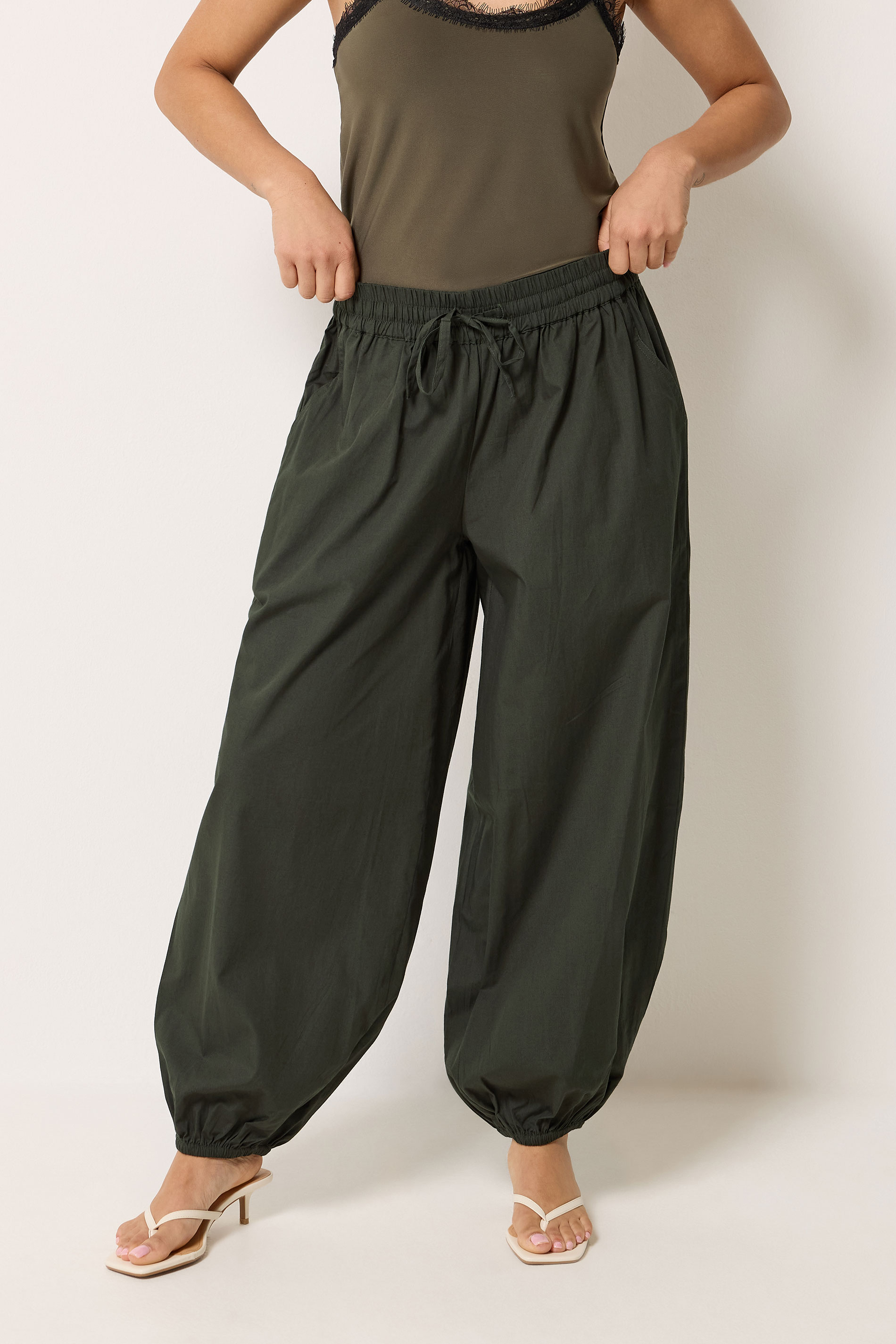 PixieGirl Petite Women's Olive Green Cotton Cuffed Balloon Trousers | PixieGirl 1