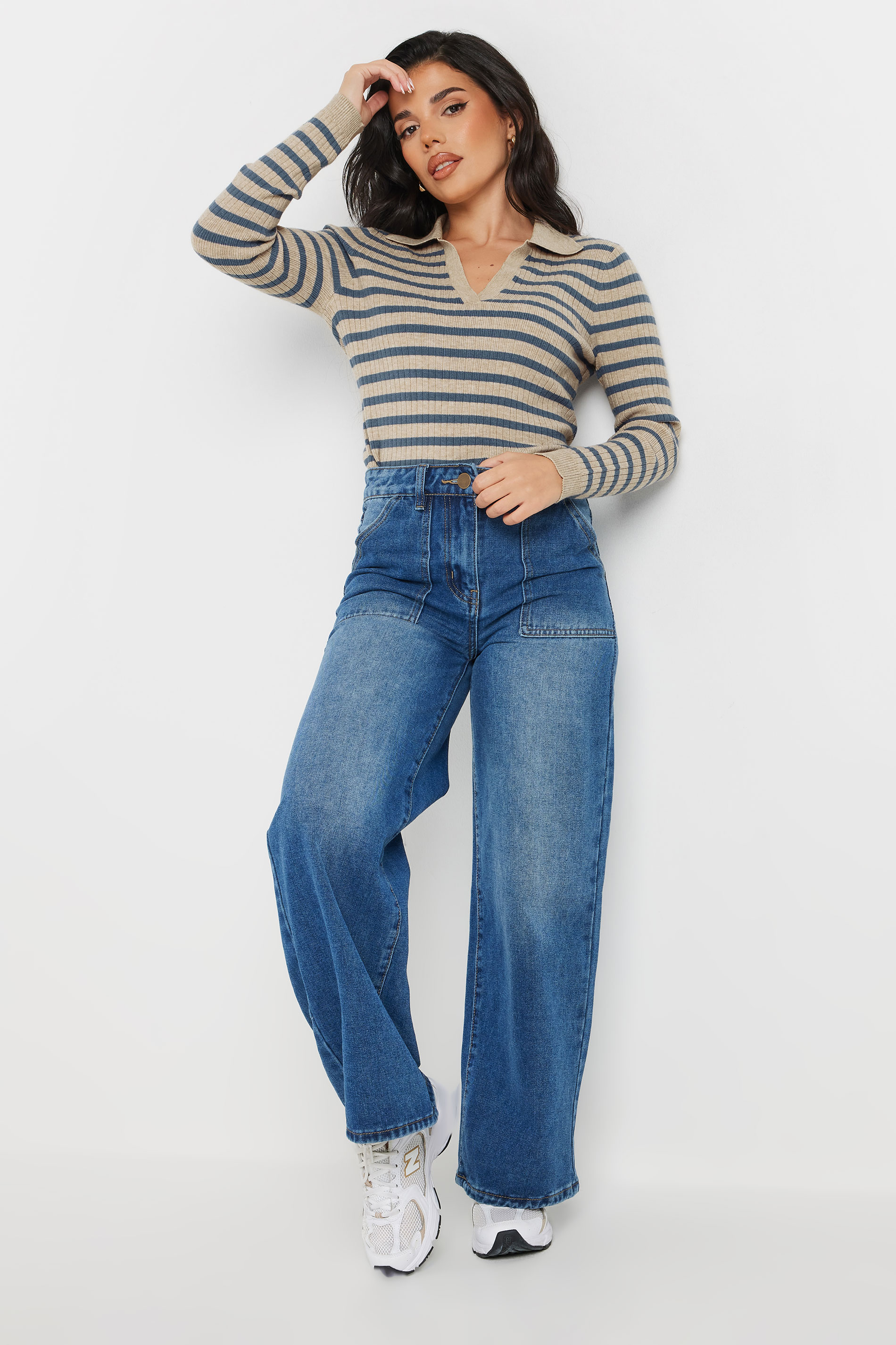 PixieGirl Petite Women's Beige Brown Knitted Stripe Collar Jumper | PixieGirl 2