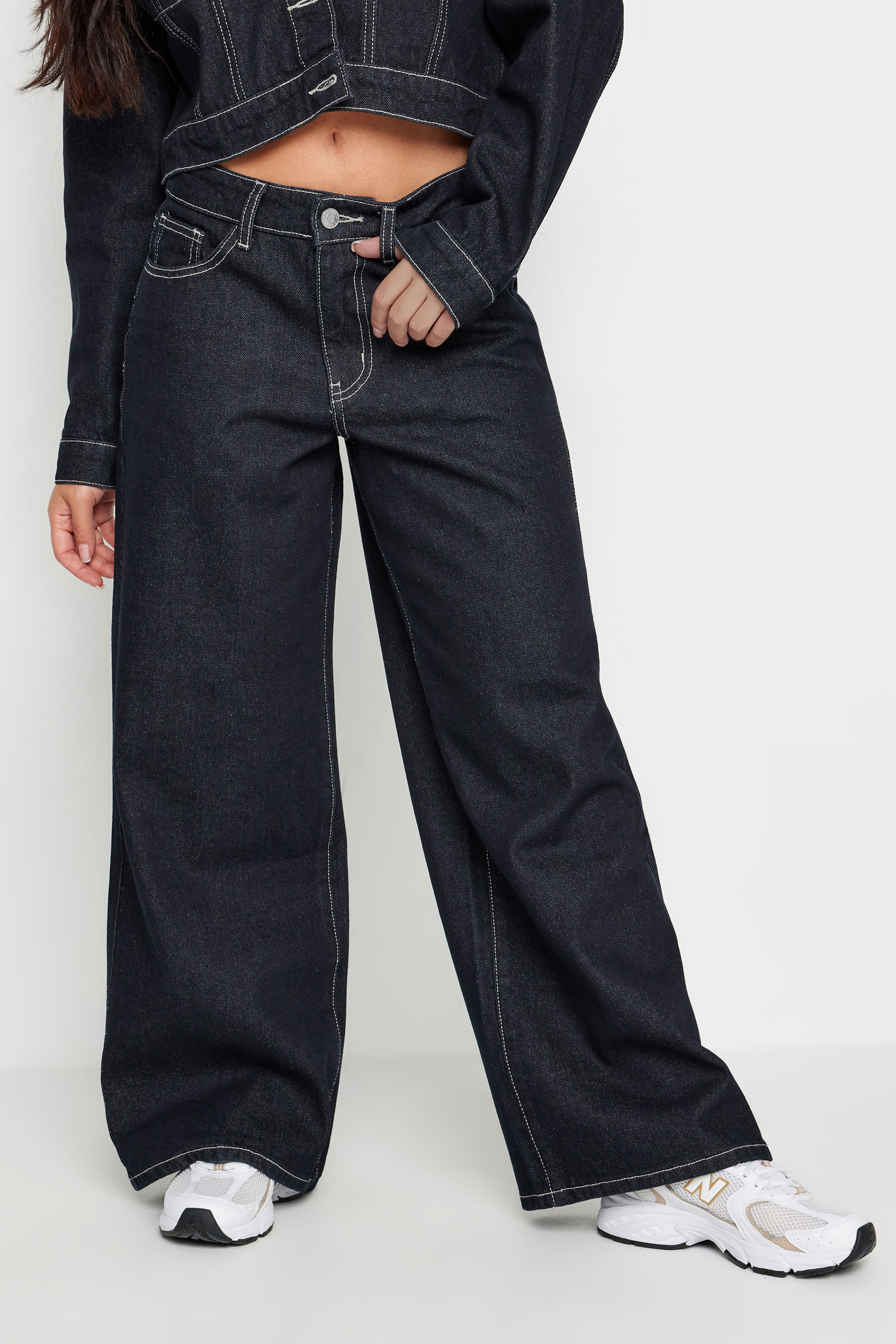 PixieGirl Petite Women's Dark Blue Contrast Stitch Wide Leg Jeans | PixieGirl 3