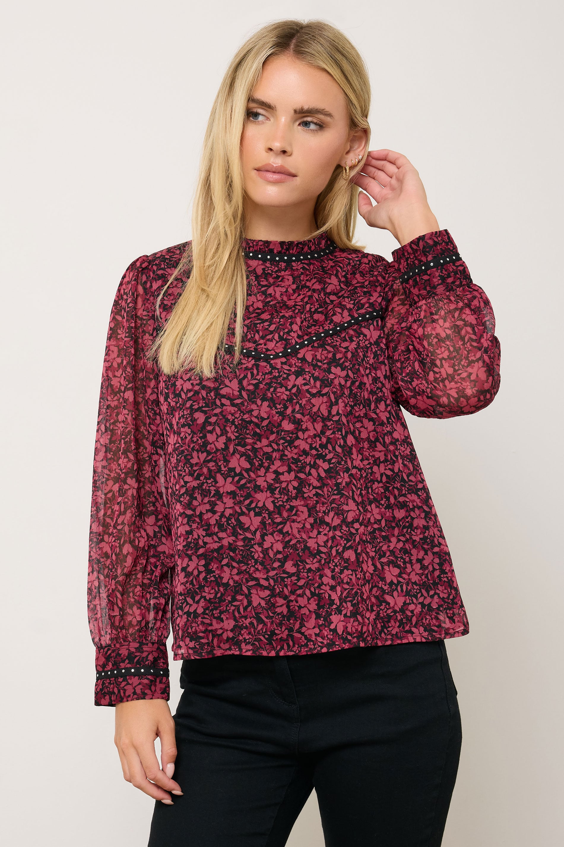 M&Co Petite Black & Berry Floral Stud Detail Blouse | M&Co 1
