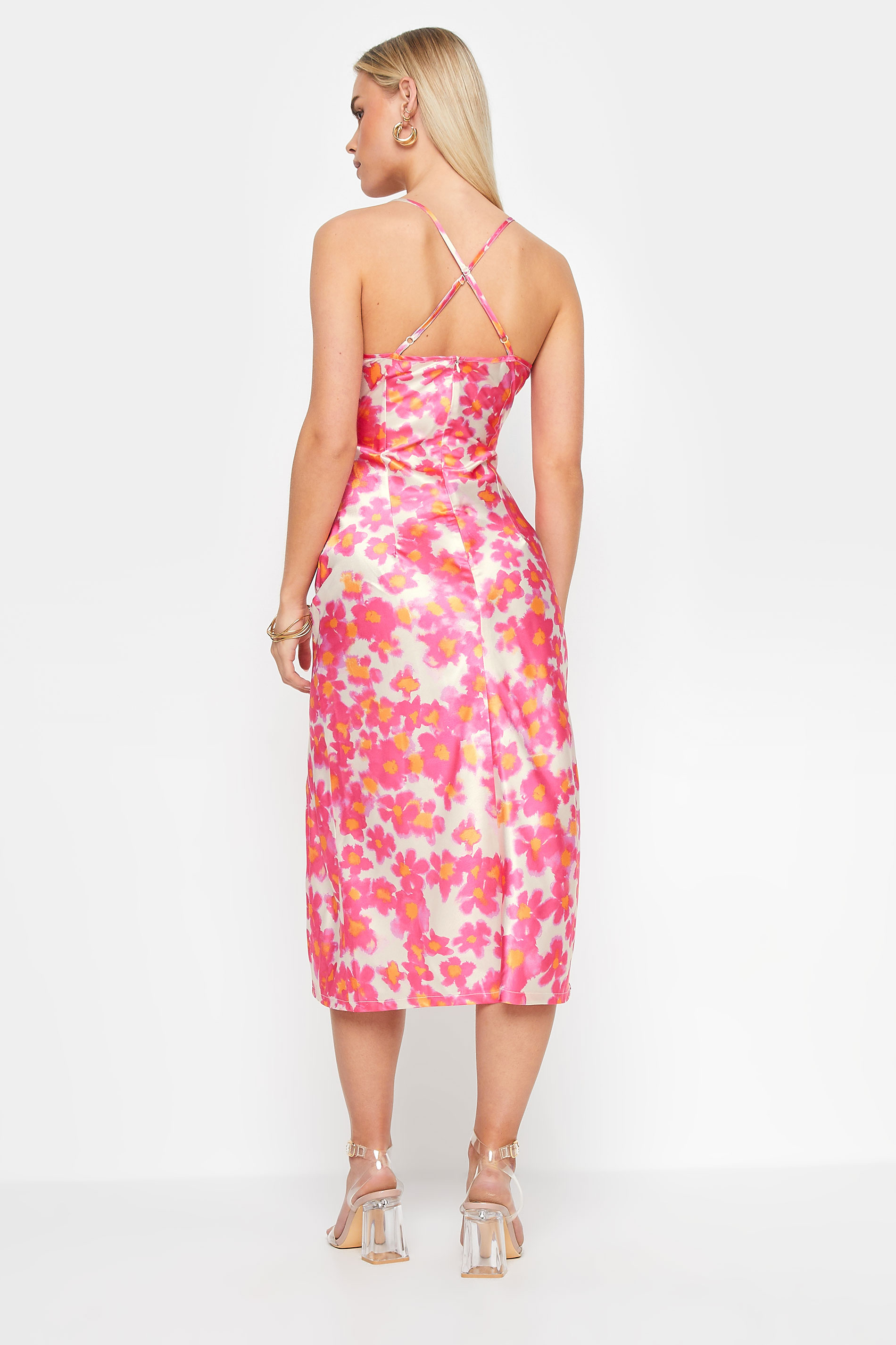 PixieGirl Petite Women's Pink Floral Print Satin Midi Dress | PixieGirl 3