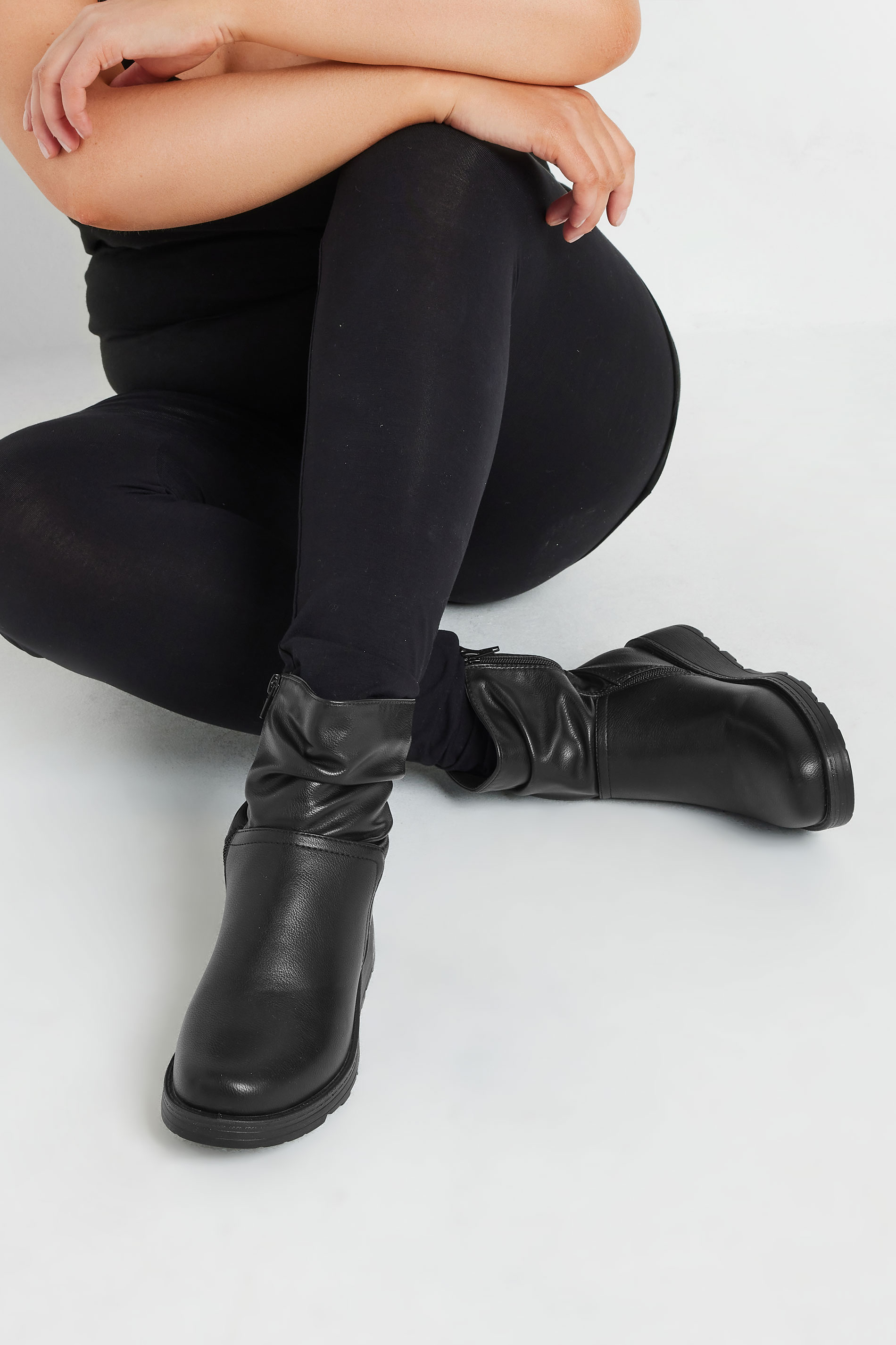Black Faux Leather Slouch Wedge Boots In Extra Wide EEE Fit | Yours Clothing  1