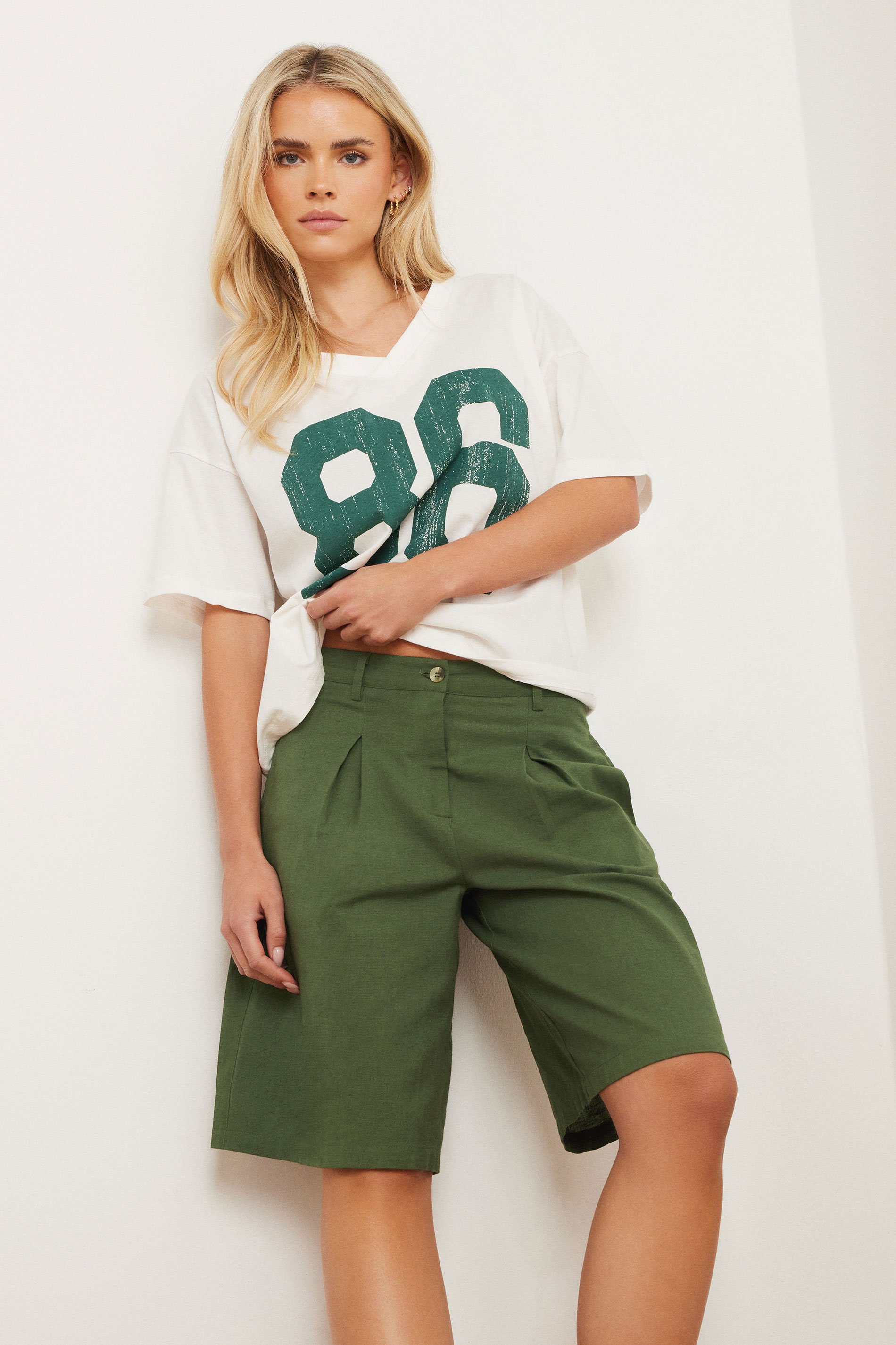 PixieGirl Petite Women's Khaki Green Linen Bermuda Shorts | PixieGirl 2