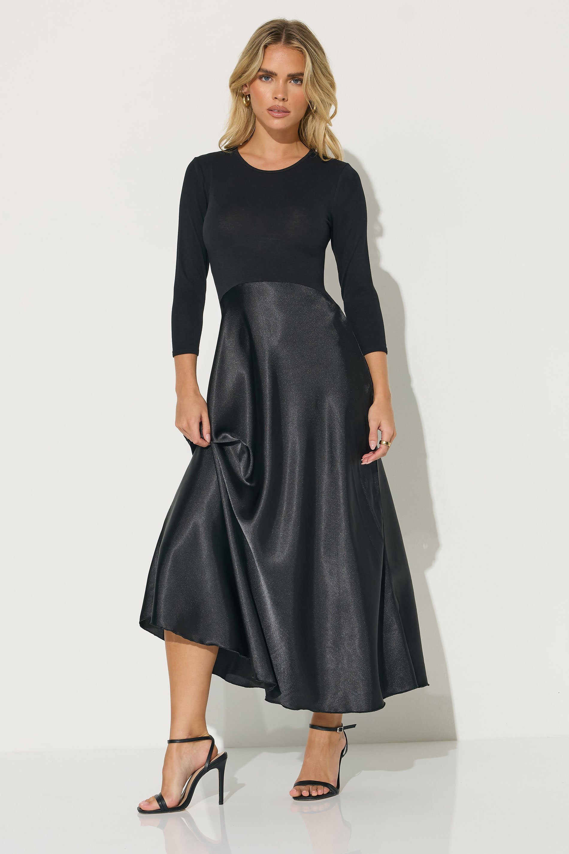 PixieGirl Petite Black Satin Skirt Maxi Dress | PixieGirl 2
