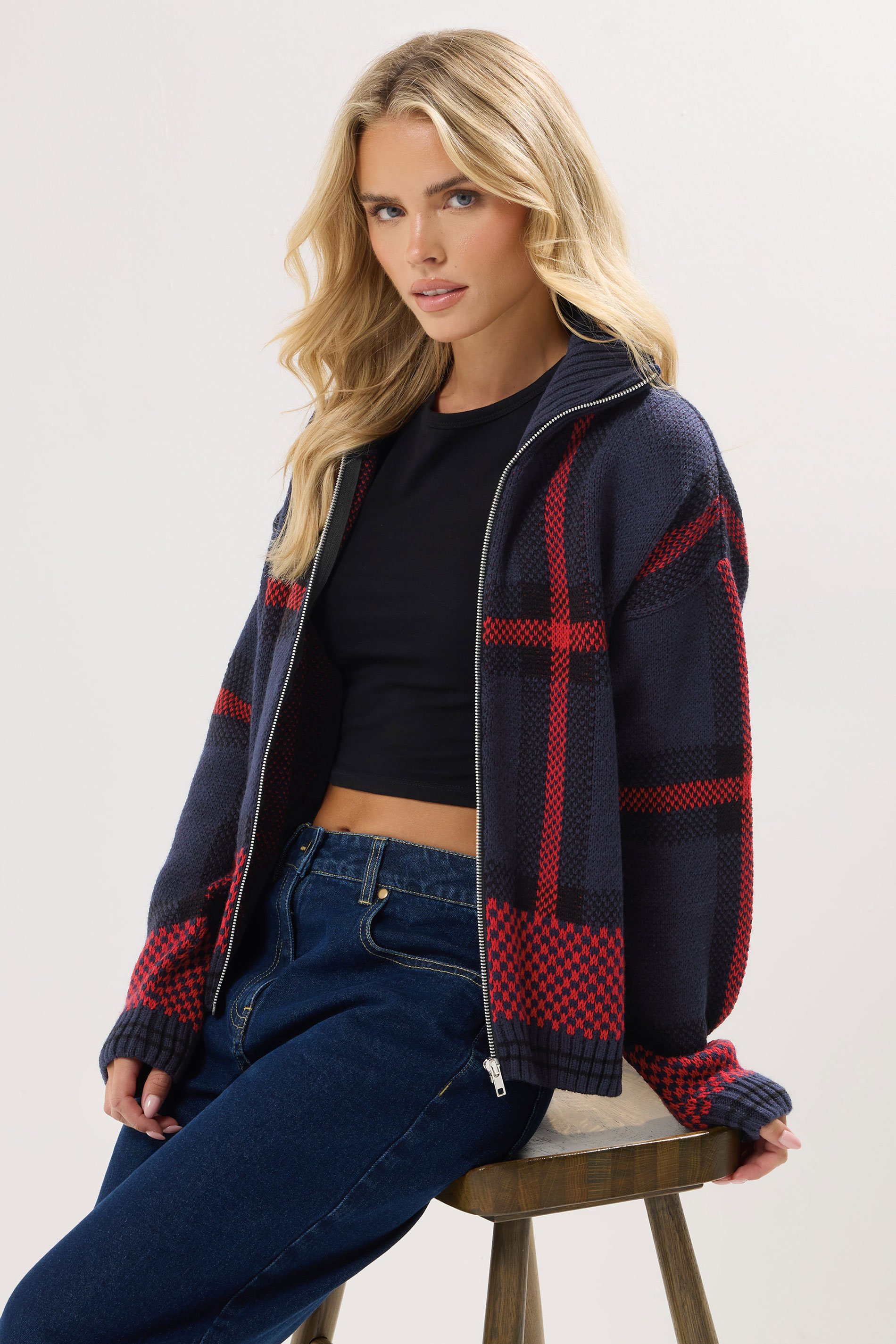PixieGirl Petite Women's Blue & Red Knitted Check Zip Cardigan | PixieGirl 1