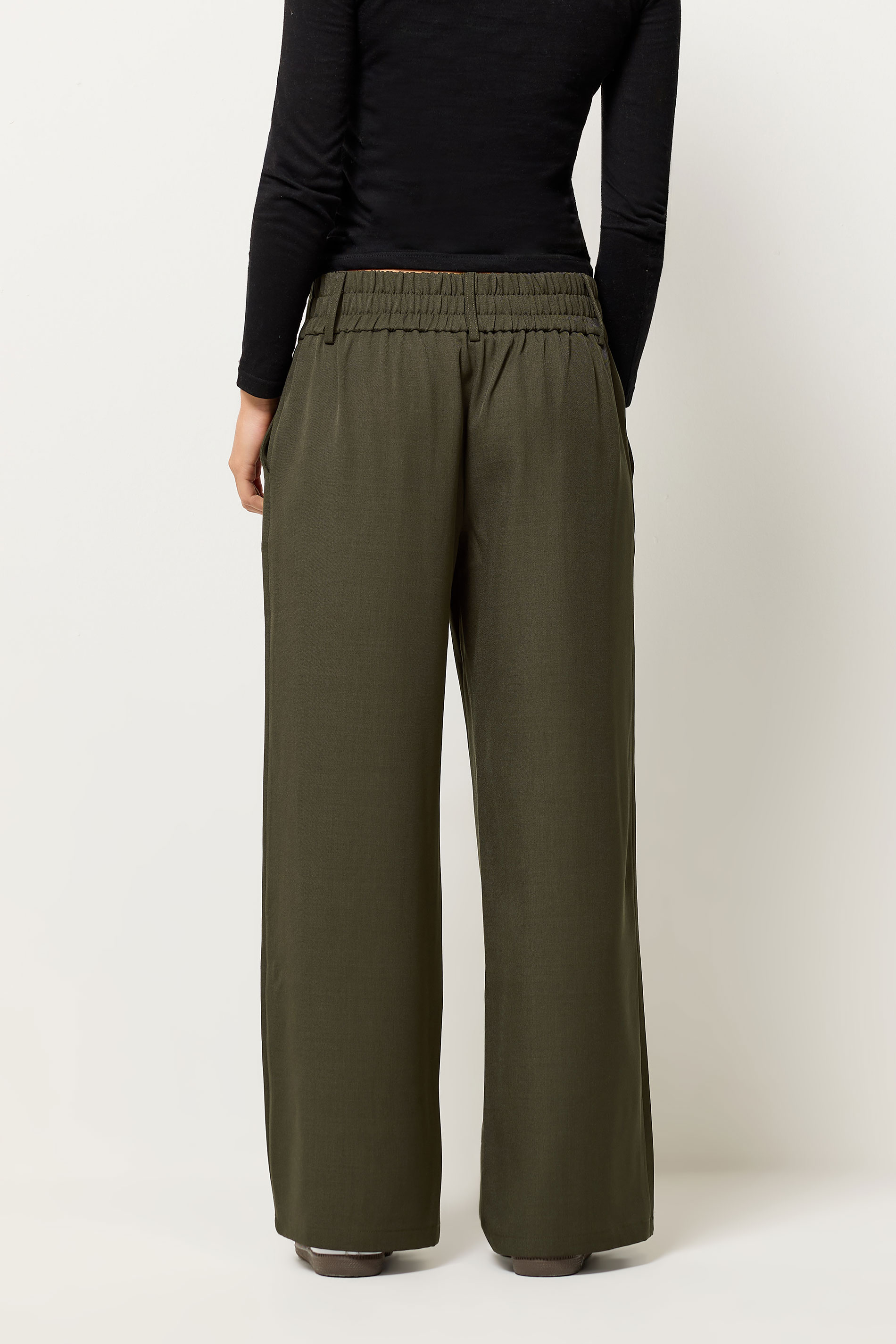 PixieGirl Petite Women's Olive Green Button Tab Detail Wide Leg Trousers | PixieGirl 3