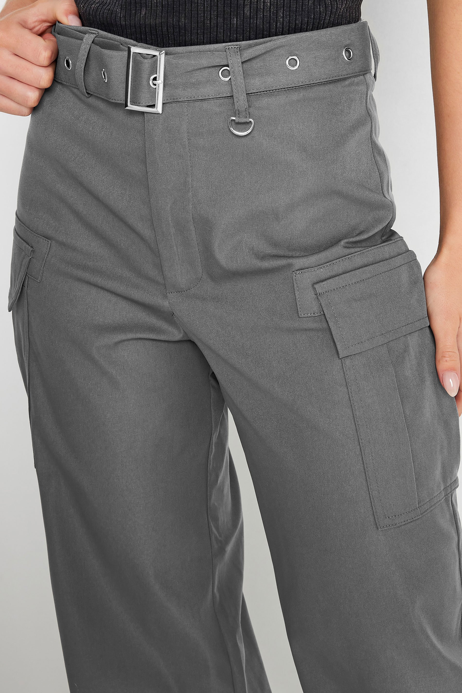PixieGirl Petite Womens Charcoal Grey Wide Leg Belted Cargo Trousers | PixieGirl 4